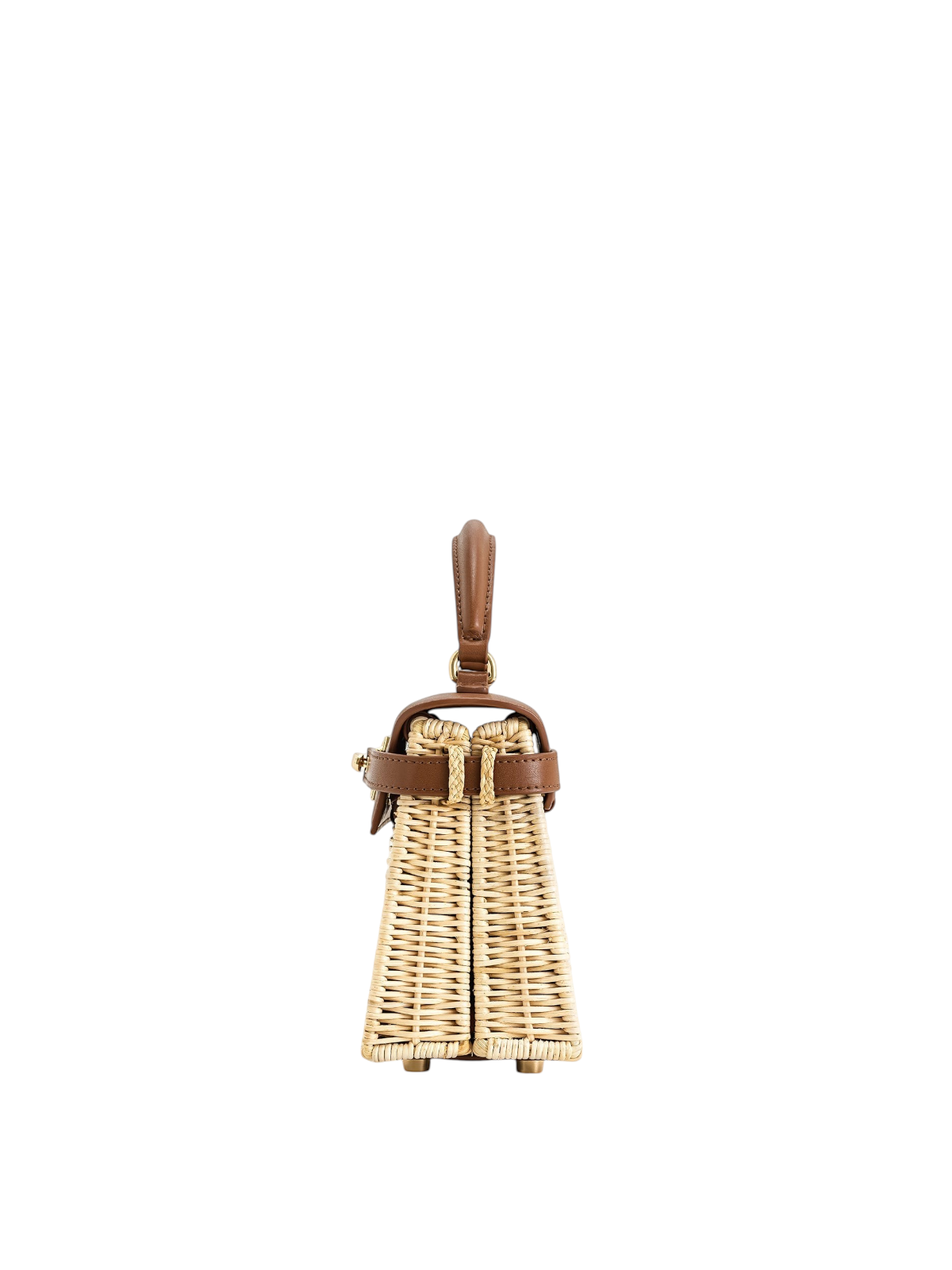 Zevrion Elise handmade natural rattan handbag with brown leather handle and gold hardware, side view
