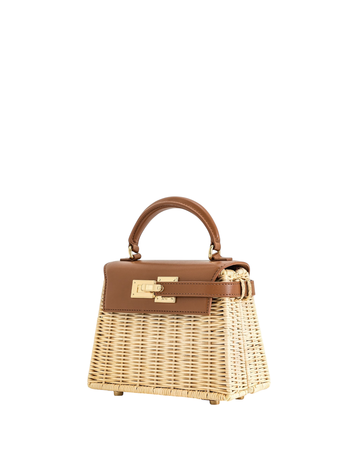 zevrion Elise natural rattan handbag with brown leather flap, top handle, and elegant gold-tone metal hardware