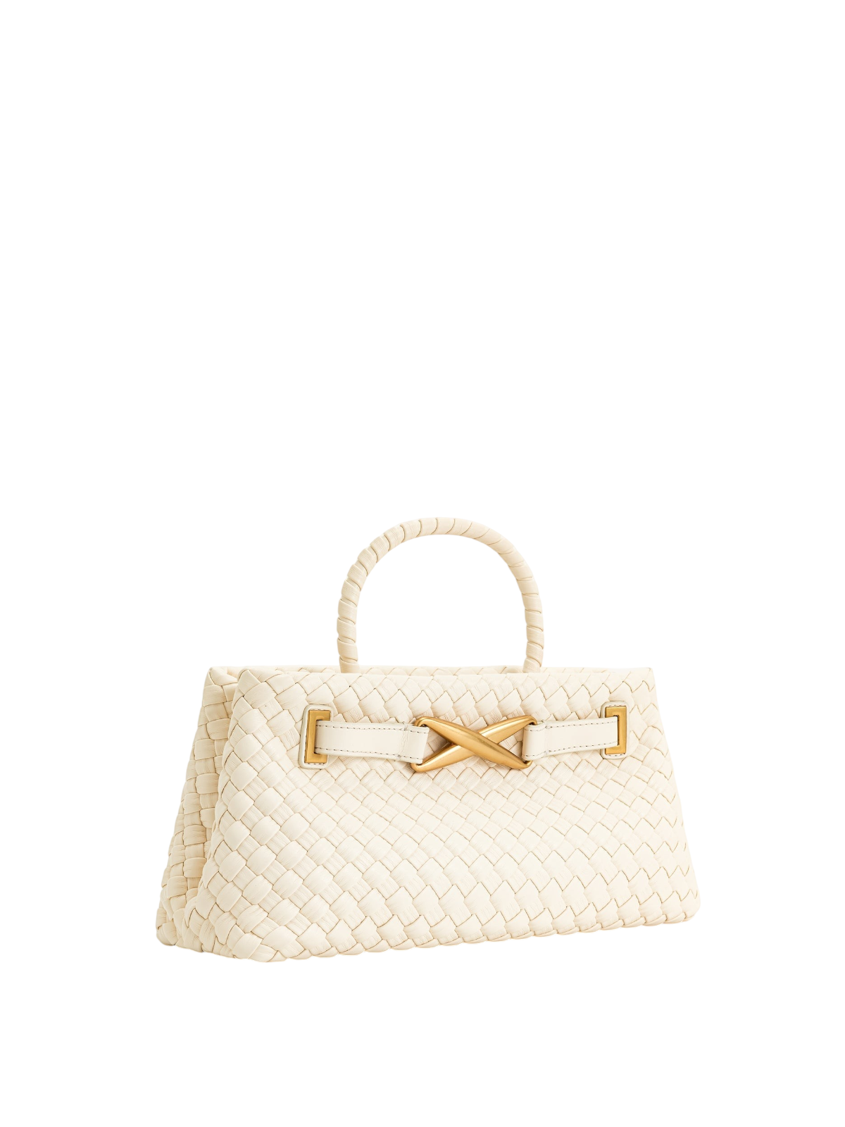 zevrion Elora white woven vegan leather tote bag with gold metal hardware and top handle