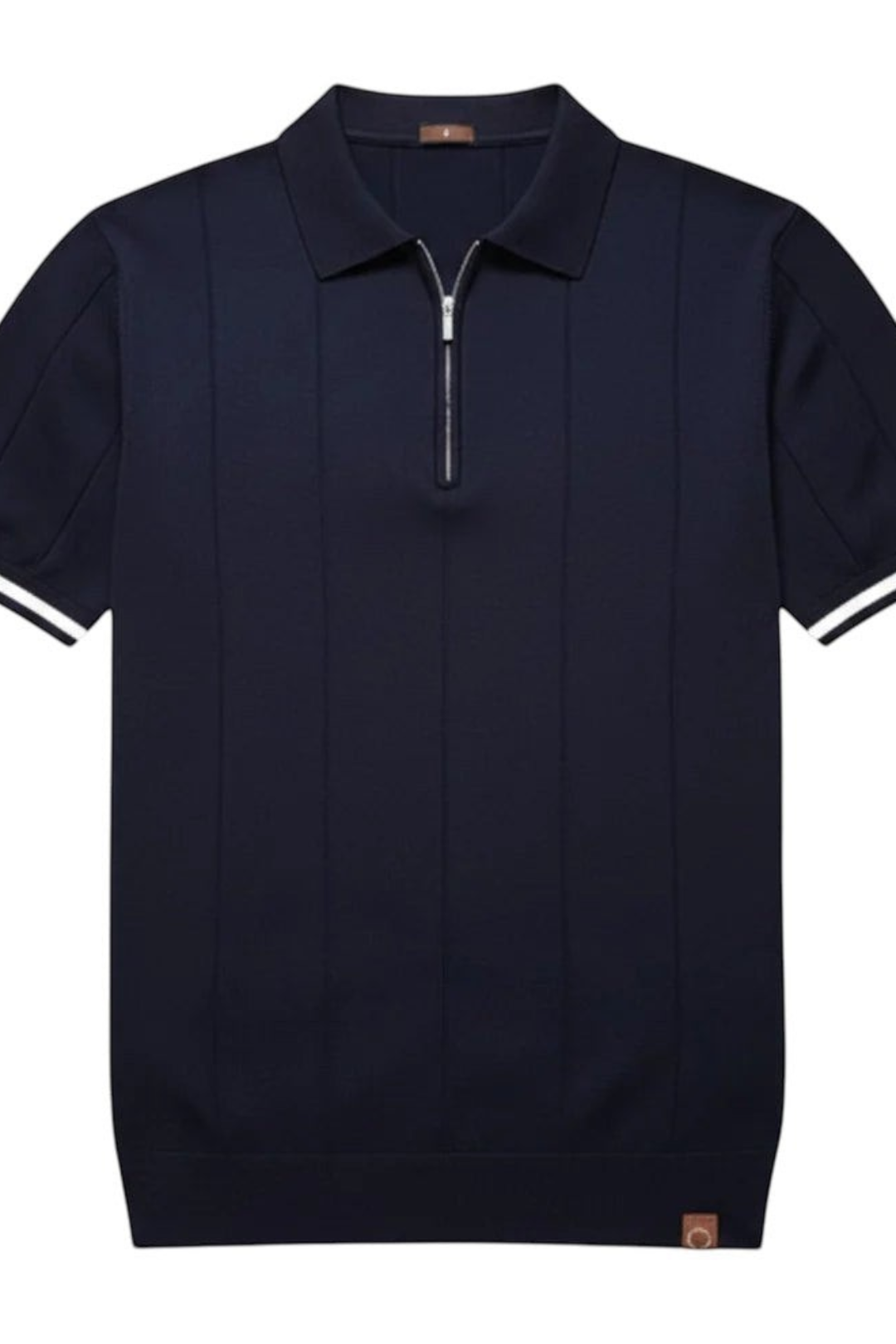 Zevrion Eros premium navy blue polo shirt with a half-zip collar, vertical ribbed texture, and white sleeve trim.