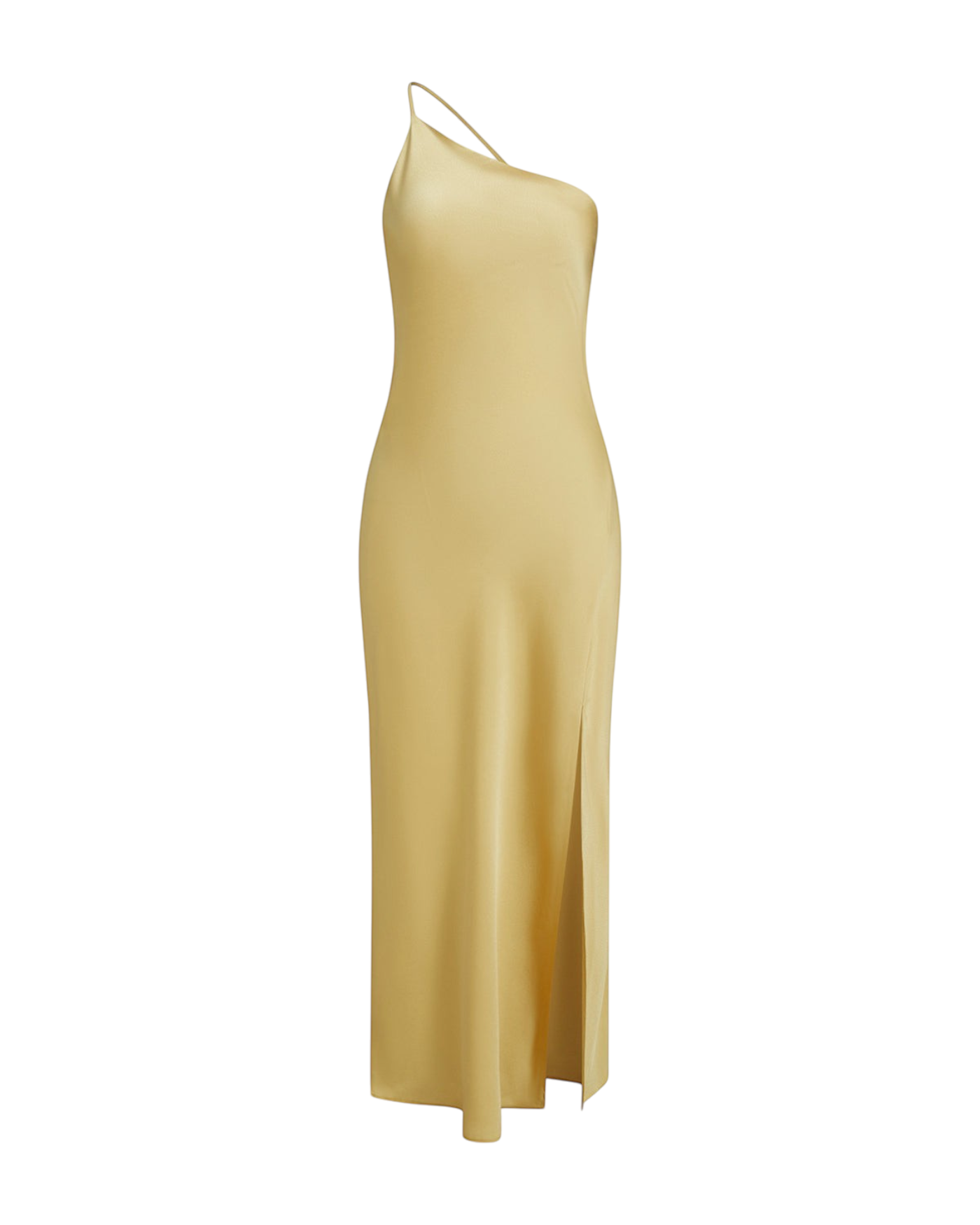 zevrion gold satin maxi dress with one-shoulder neckline and side slit for formal occasions