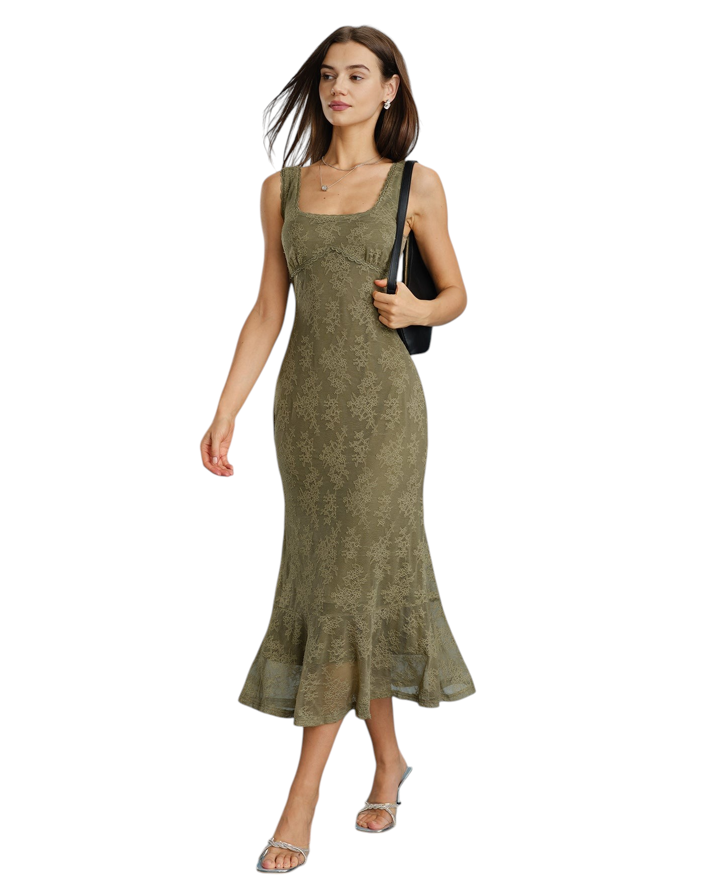 zevrion green floral lace midi dress with a square neckline and sleeveless design worn by a model