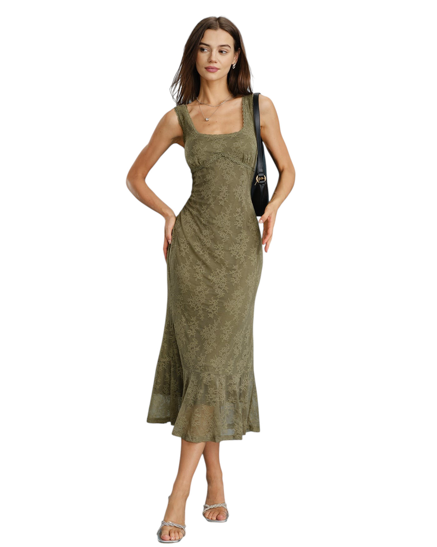 Vestido midi Zevrion de encaje floral verde con cuello cuadrado y sin mangas