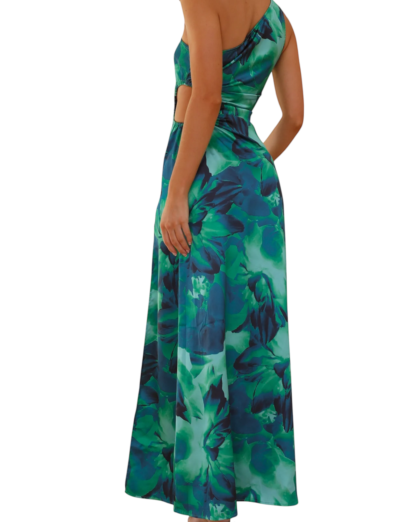 zevrion midi dress in green floral print with side cutout and sleeveless design on a model