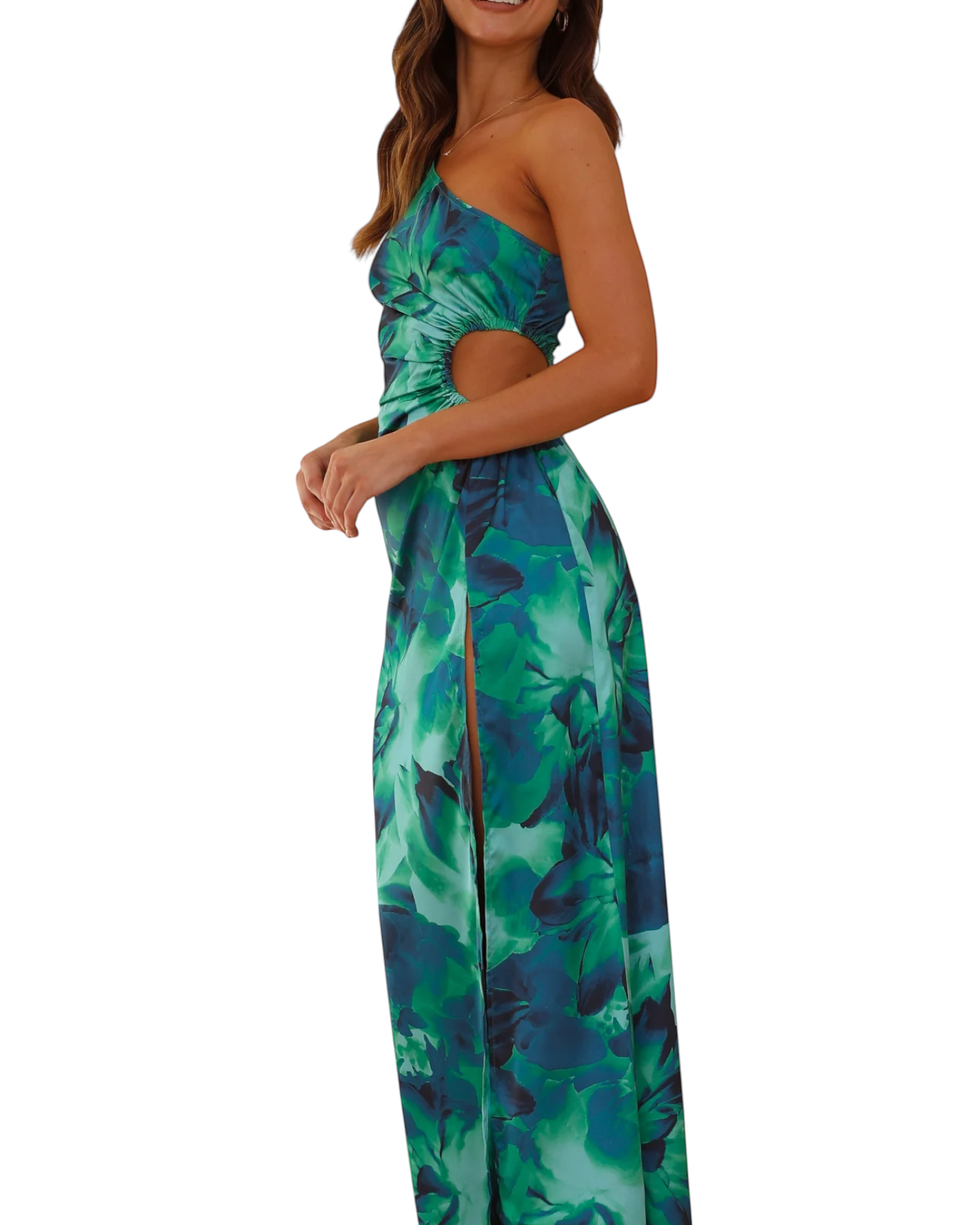 zevrion sleeveless midi dress in green floral print with side cutout and high leg slit on a model