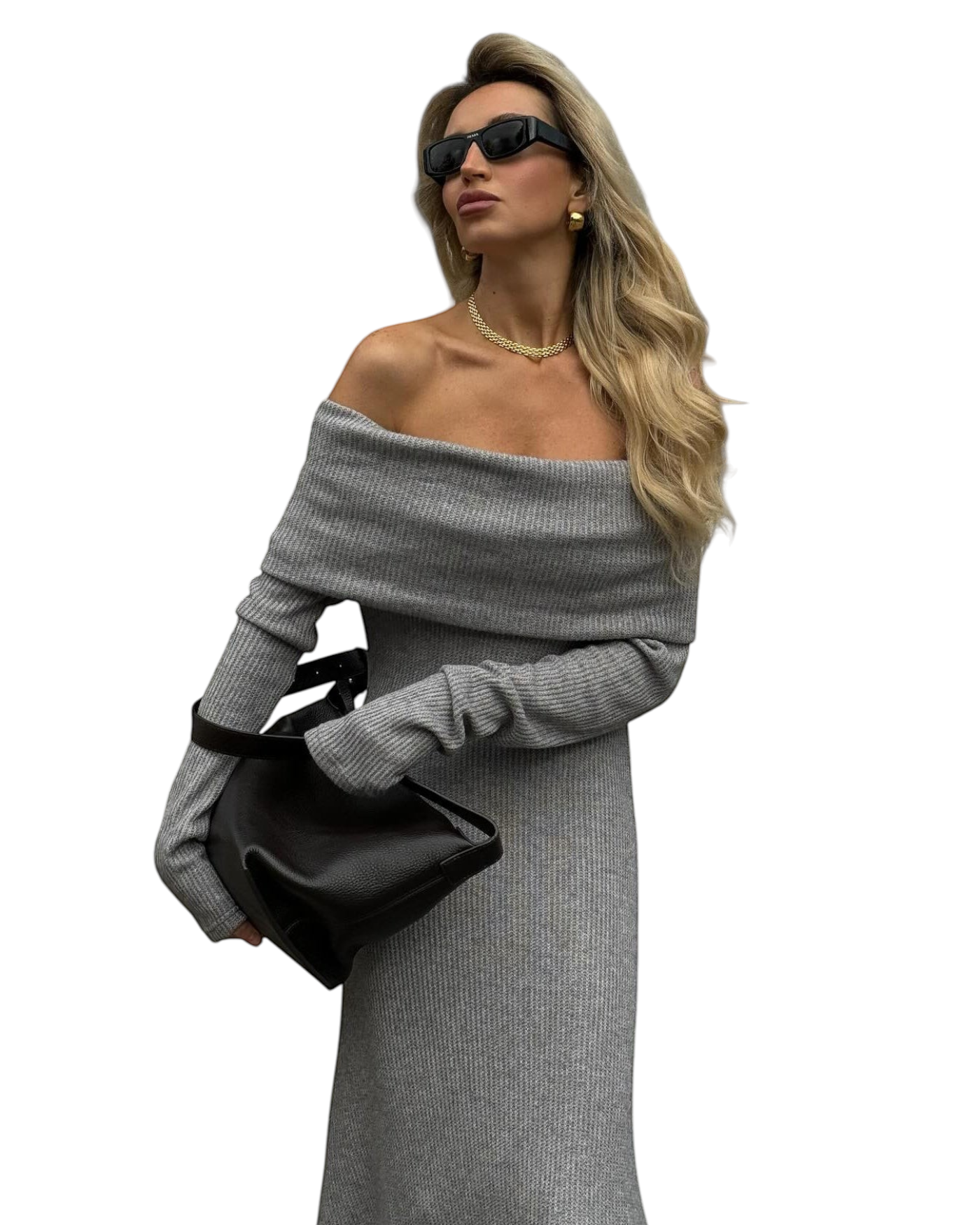 zevrion grey off-the-shoulder knit maxi dress worn by a woman with sunglasses and a black handbag