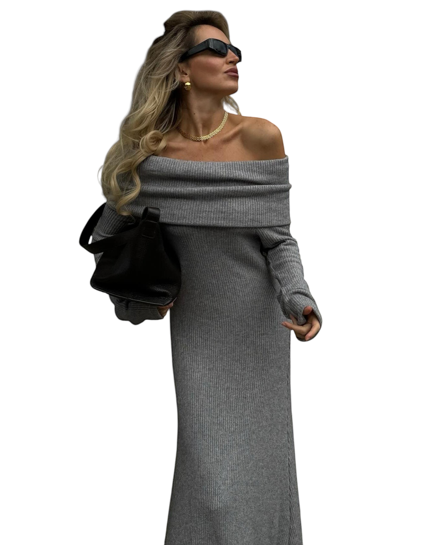 zevrion grey off-the-shoulder knit maxi dress worn by a blonde woman with sunglasses and a black handbag