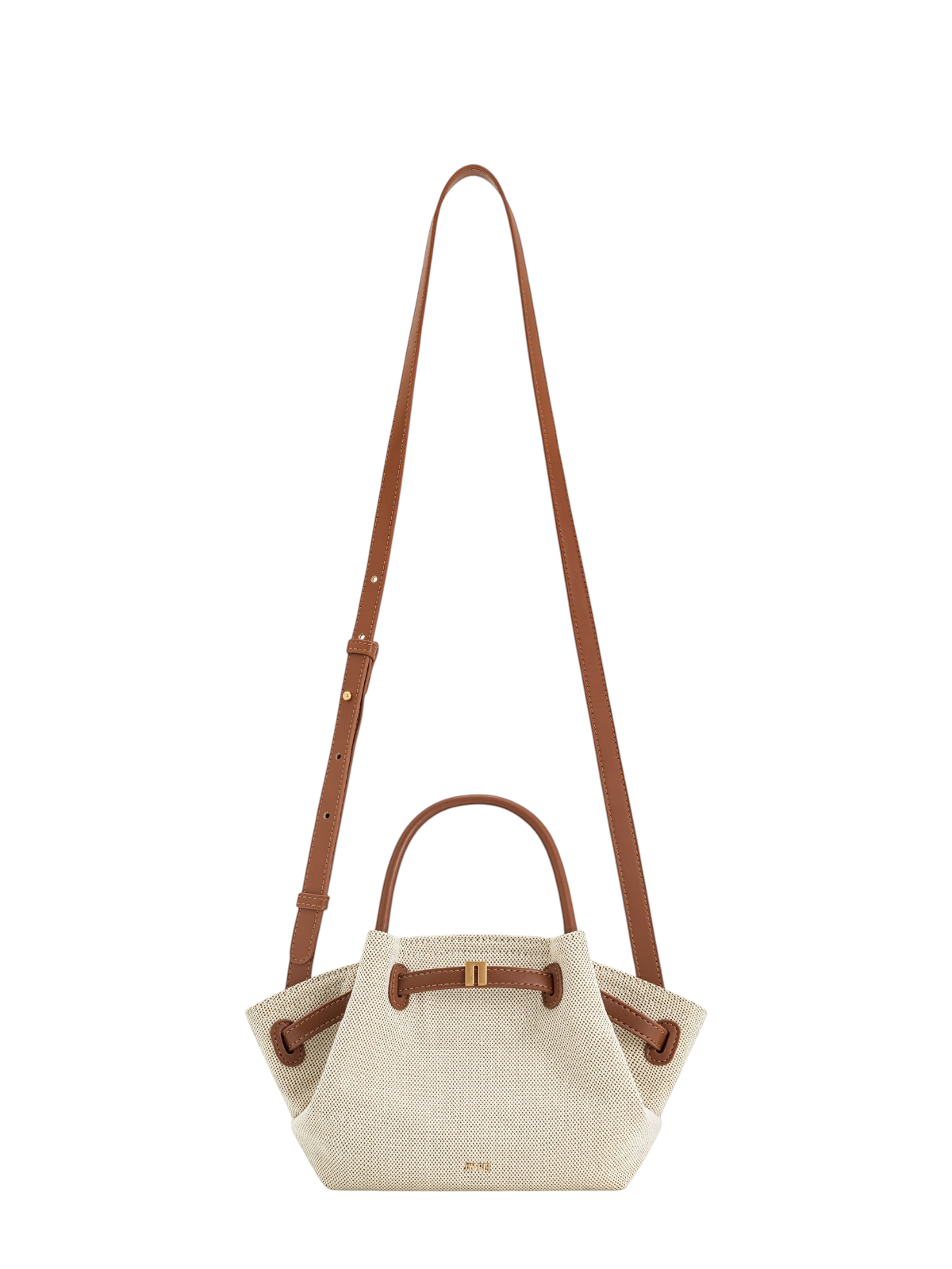 zevrion Hana mini brown canvas tote bag with adjustable shoulder strap and gold hardware on a white background