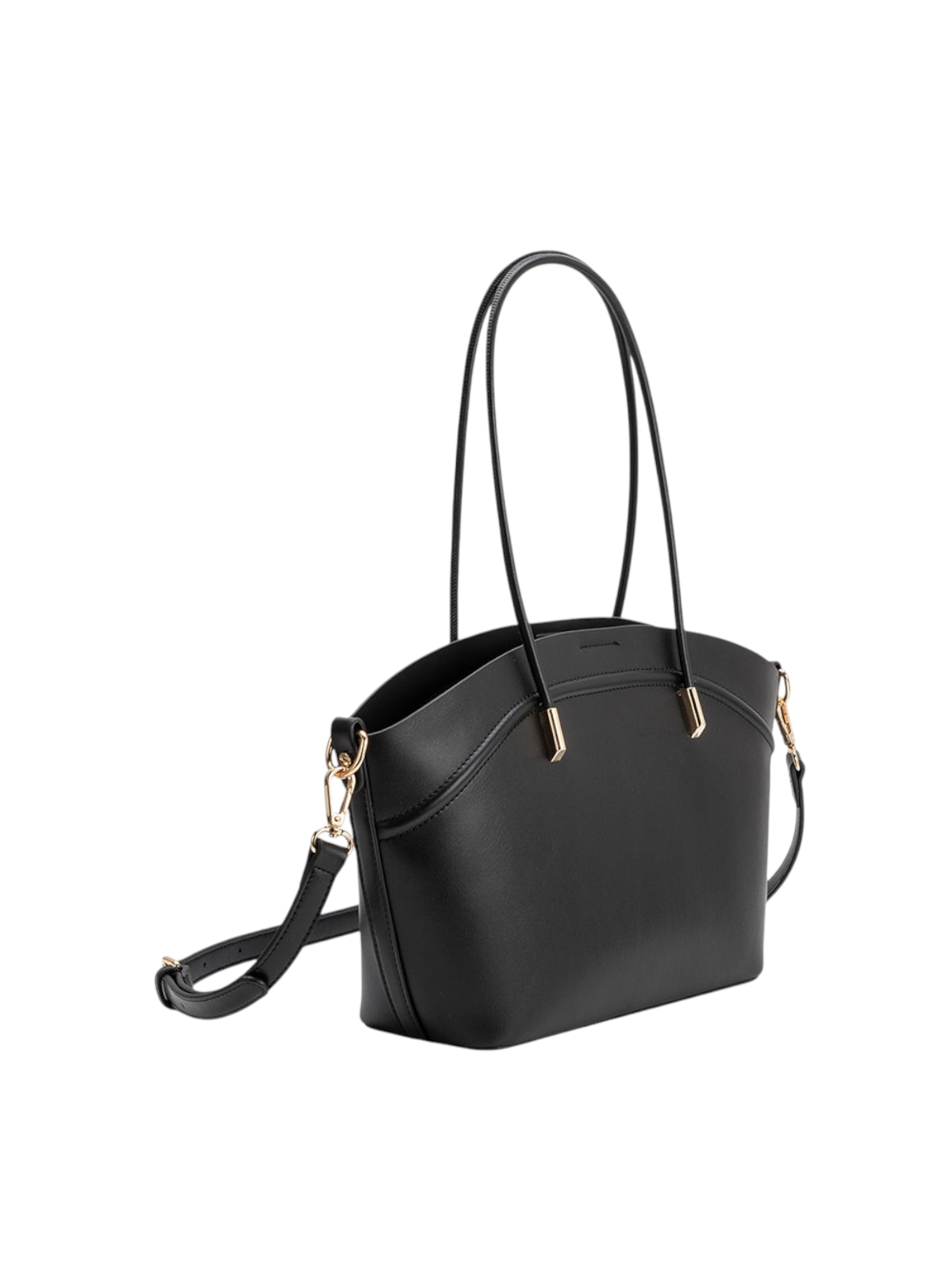 zevrion Hazel black recycled vegan leather tote bag with double handles, detachable strap, and gold hardware.