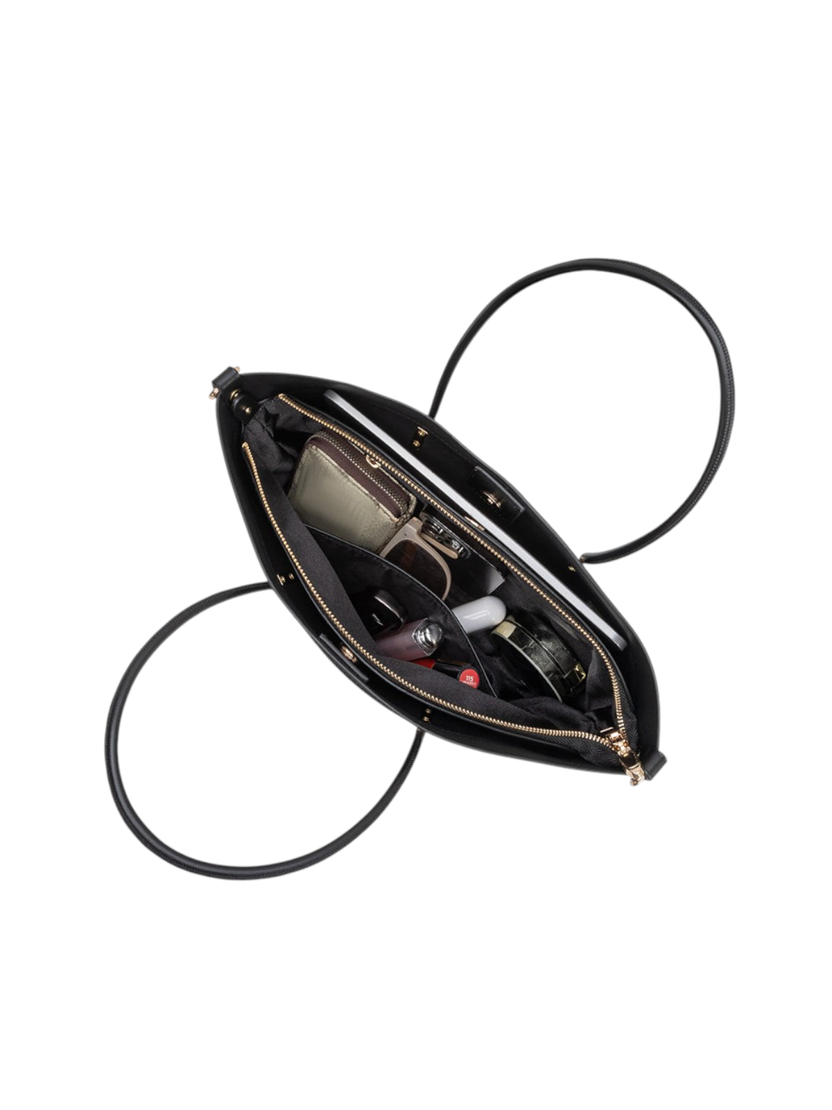 zevrion Hazel black recycled vegan leather tote bag interior view with removable zippered pouch and gold hardware