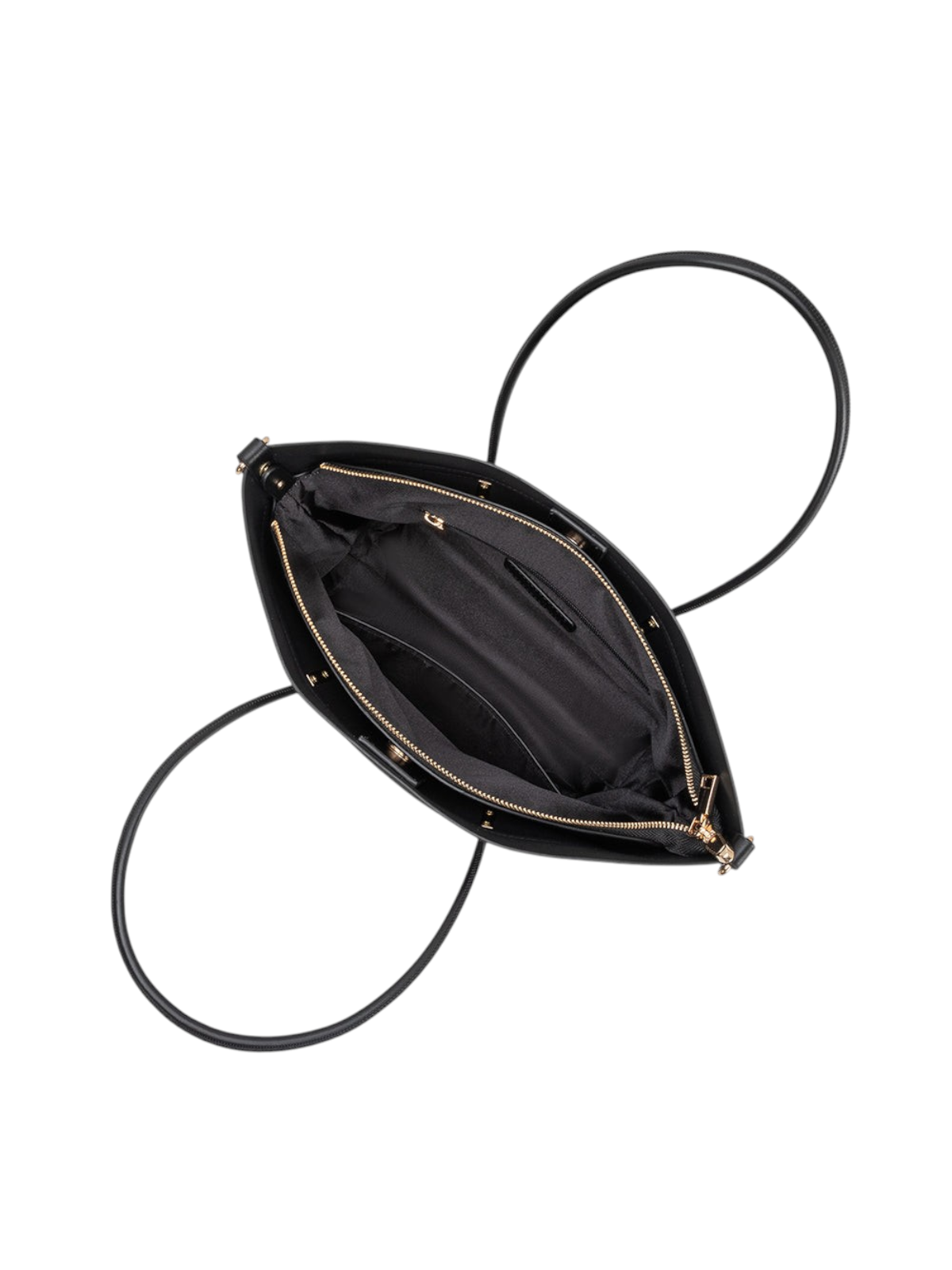 Top view of zevrion Hazel black recycled vegan leather tote bag with interior zipper pocket and gold hardware