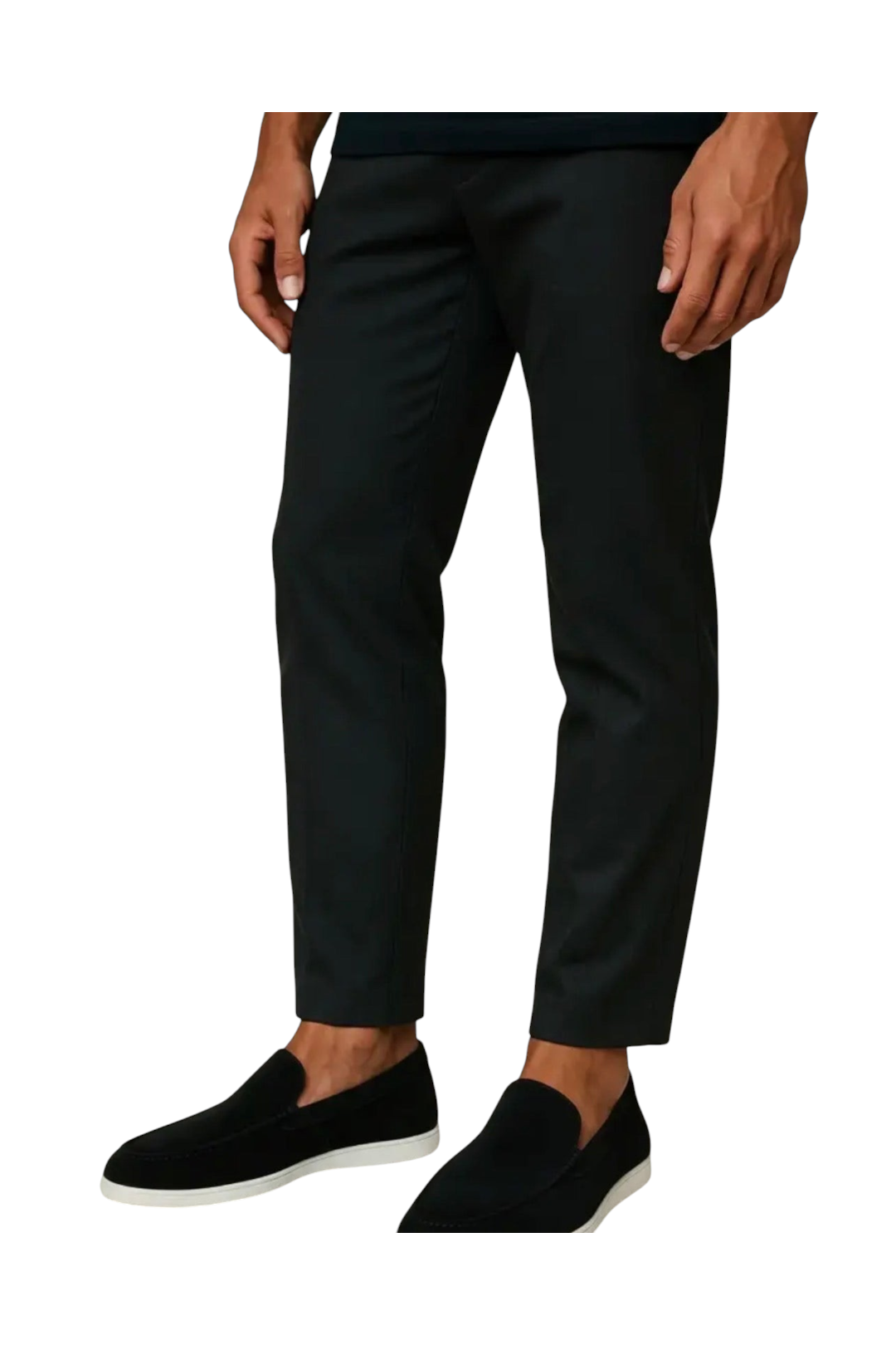 zevrion JAMES elegant black suede loafers with white soles worn by a man in dark trousers for a sophisticated look