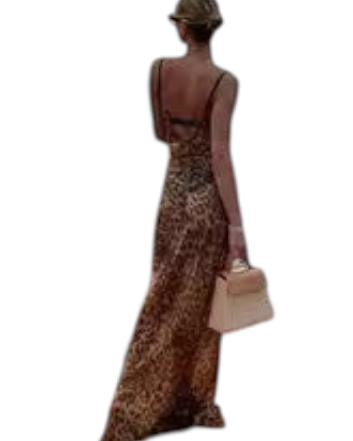 zevrion leopard print maxi dress with open back design worn by a woman carrying a beige handbag
