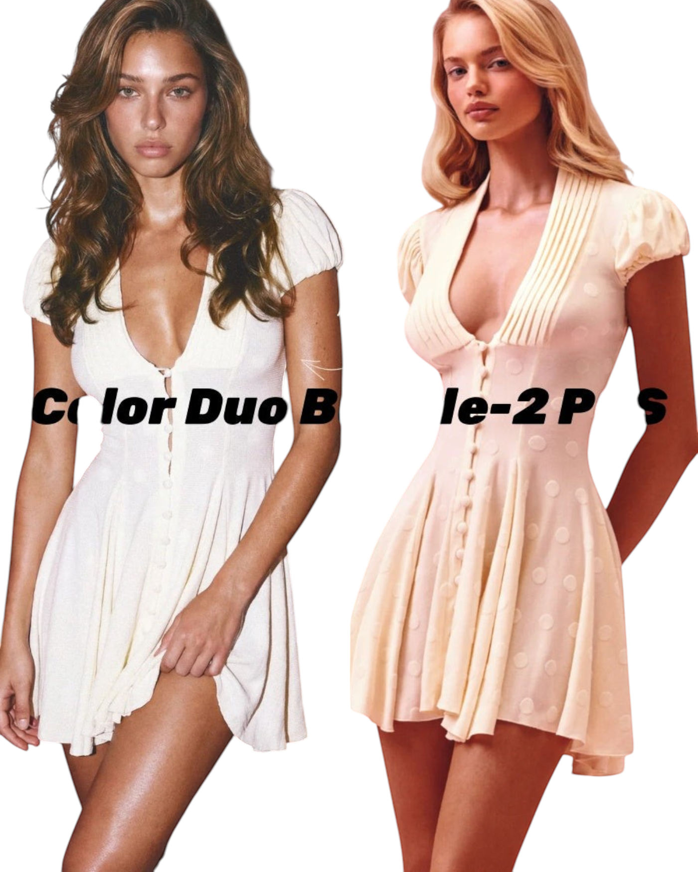 zevrion Lora V-neck short dress in cream with button-front detail and cap sleeves worn by two models