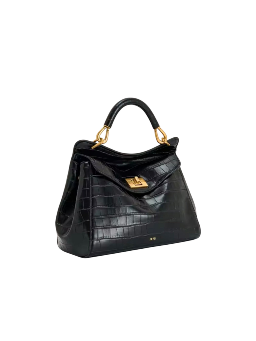 zevrion Lucia black genuine leather handbag with crocodile texture and gold hardware details
