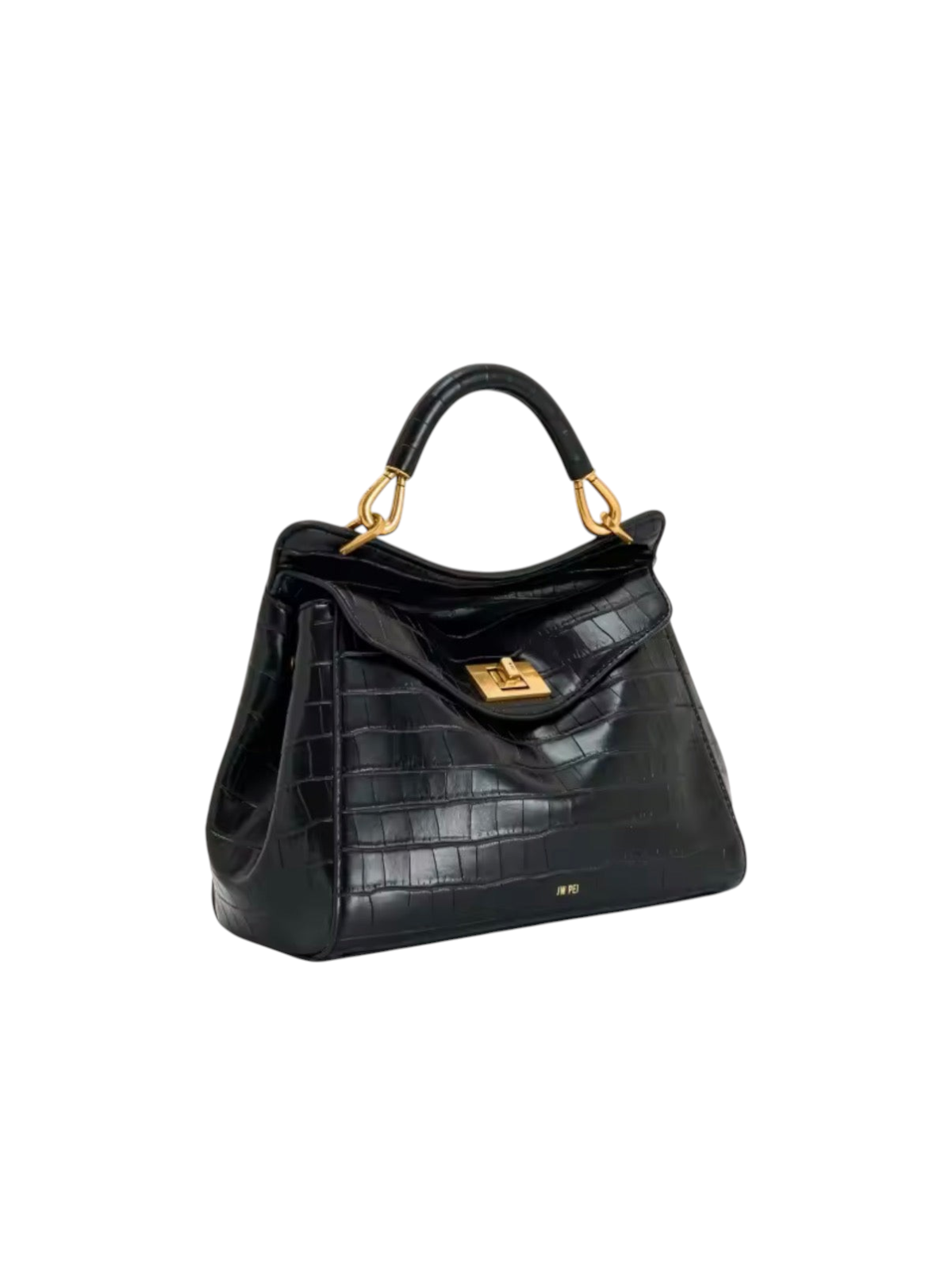 zevrion Lucia black genuine leather handbag with crocodile texture and gold hardware details