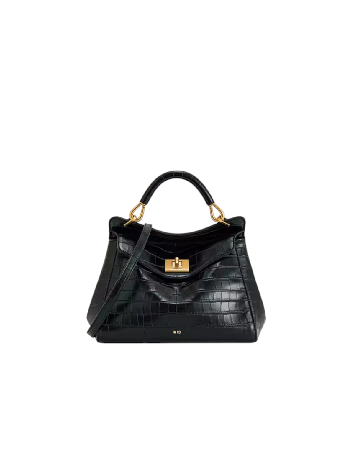 Bolso Lucía de Zevrion en cuero genuino negro con textura de cocodrilo y herrajes dorados