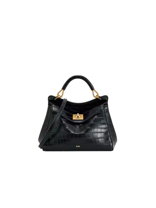 Bolso Lucía de Zevrion en cuero genuino negro con textura de cocodrilo y herrajes dorados
