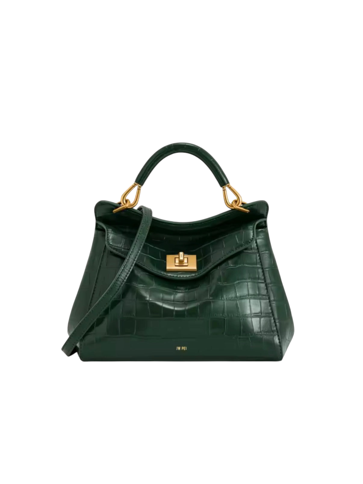 zevrion Lucia dark green genuine leather handbag with crocodile texture, gold hardware, and top handle.