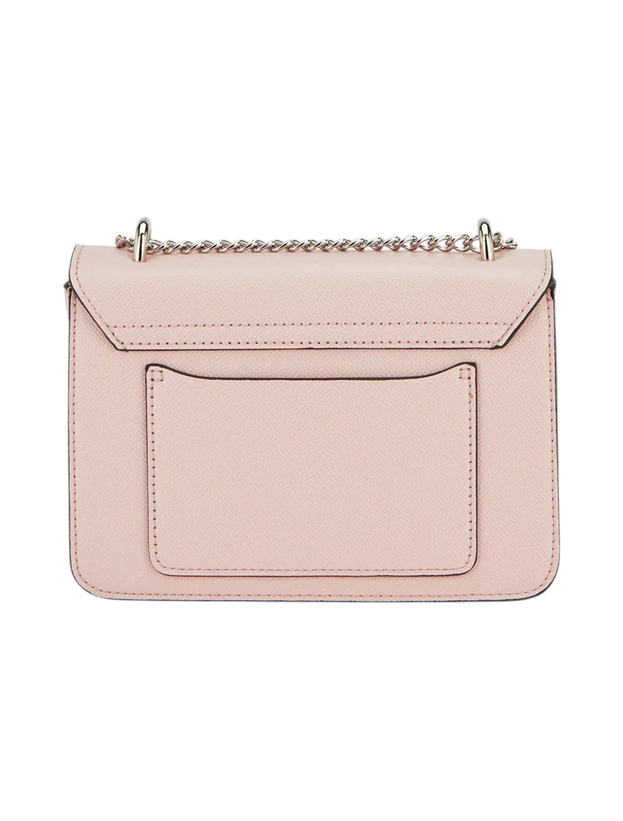 Zevrion Mariko shoulder bag in soft pink with a textured finish and silver chain strap, back view.