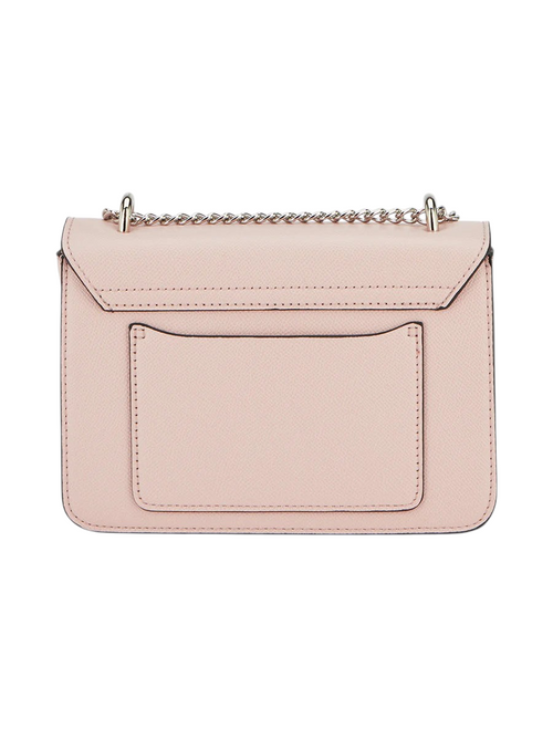 Zevrion Mariko shoulder bag in soft pink with a textured finish and silver chain strap, back view.