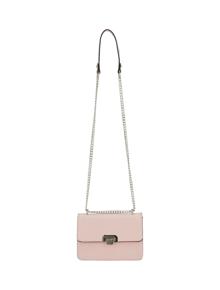 zevrion Mariko shoulder bag in soft pink with a silver chain strap and modern metallic clasp closure.
