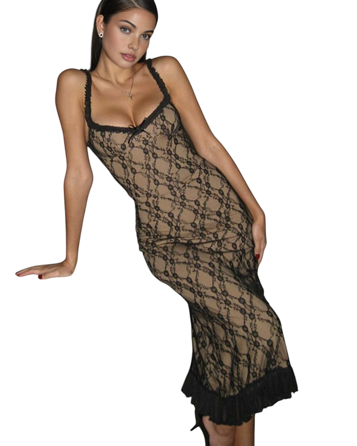 Model wearing a zevrion midi lace dress with a V-neck, scalloped edges, and ruffled hem in black and beige.