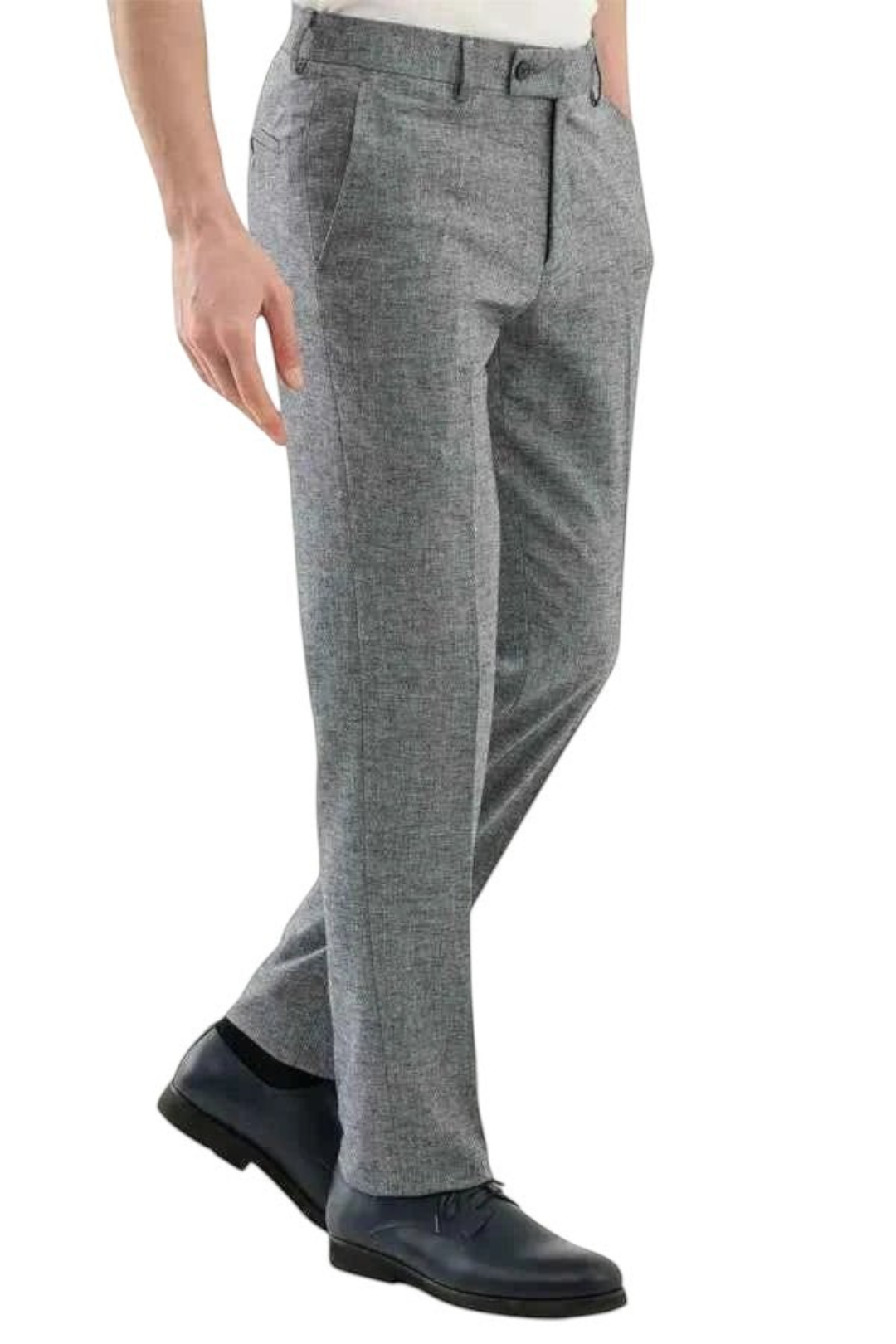 Zevrion slim fit dress trousers in navy blue linen blend with a subtle checkered pattern for men