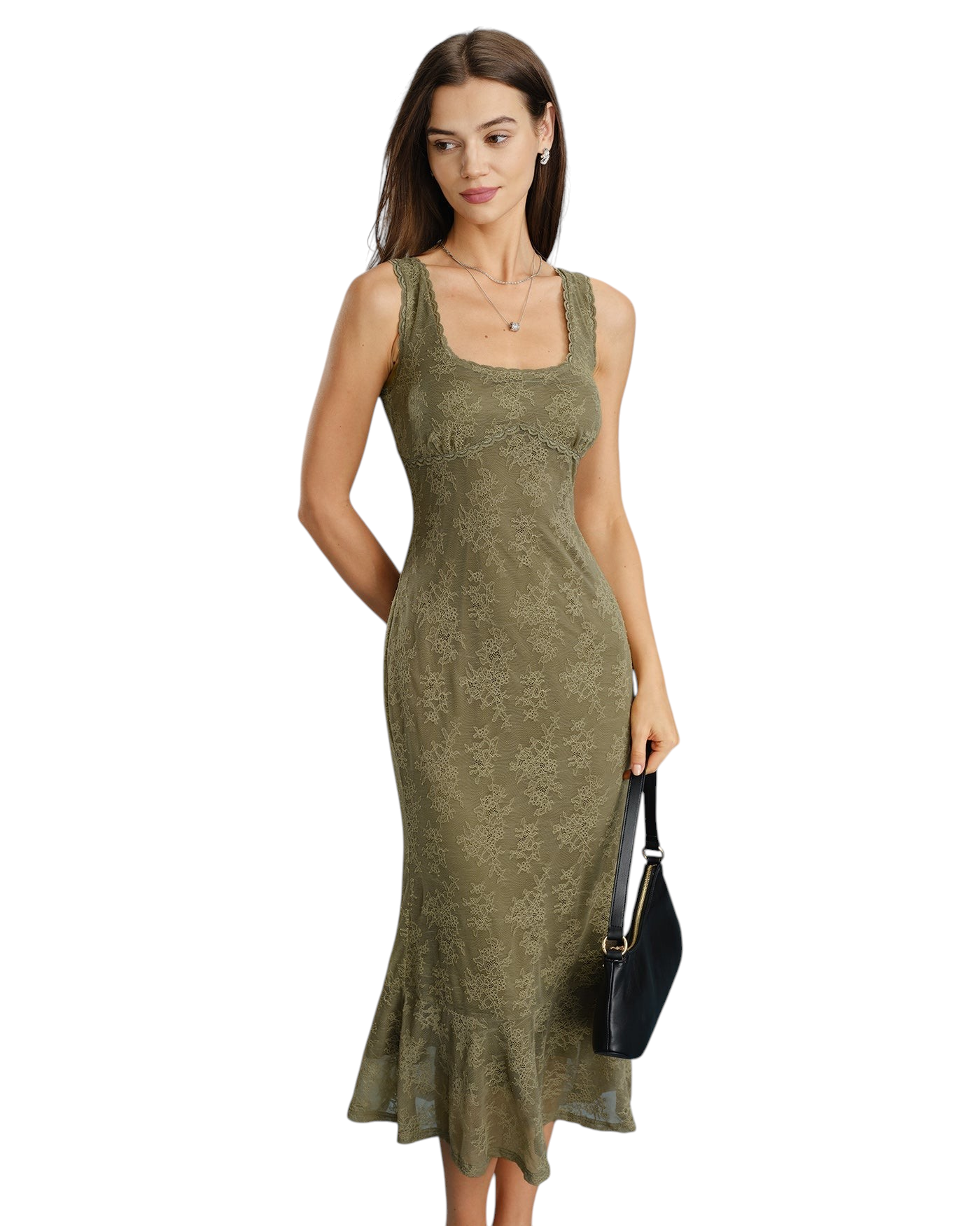 Model wearing a zevrion olive green floral lace midi dress with a square neckline and sleeveless design.