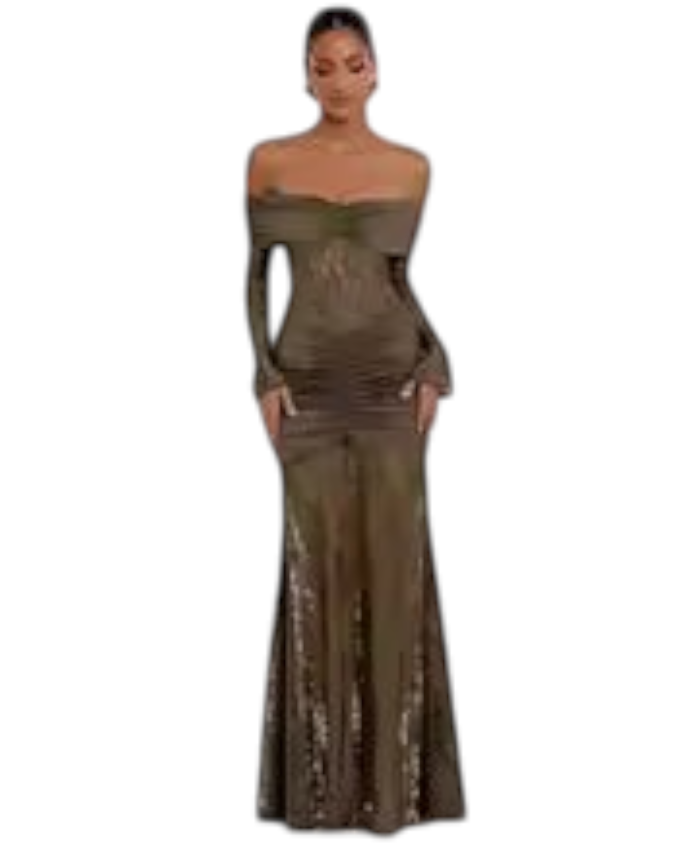 Zevrion off-the-shoulder maxi dress in olive green lace with long sleeves and a fitted silhouette for formal events.