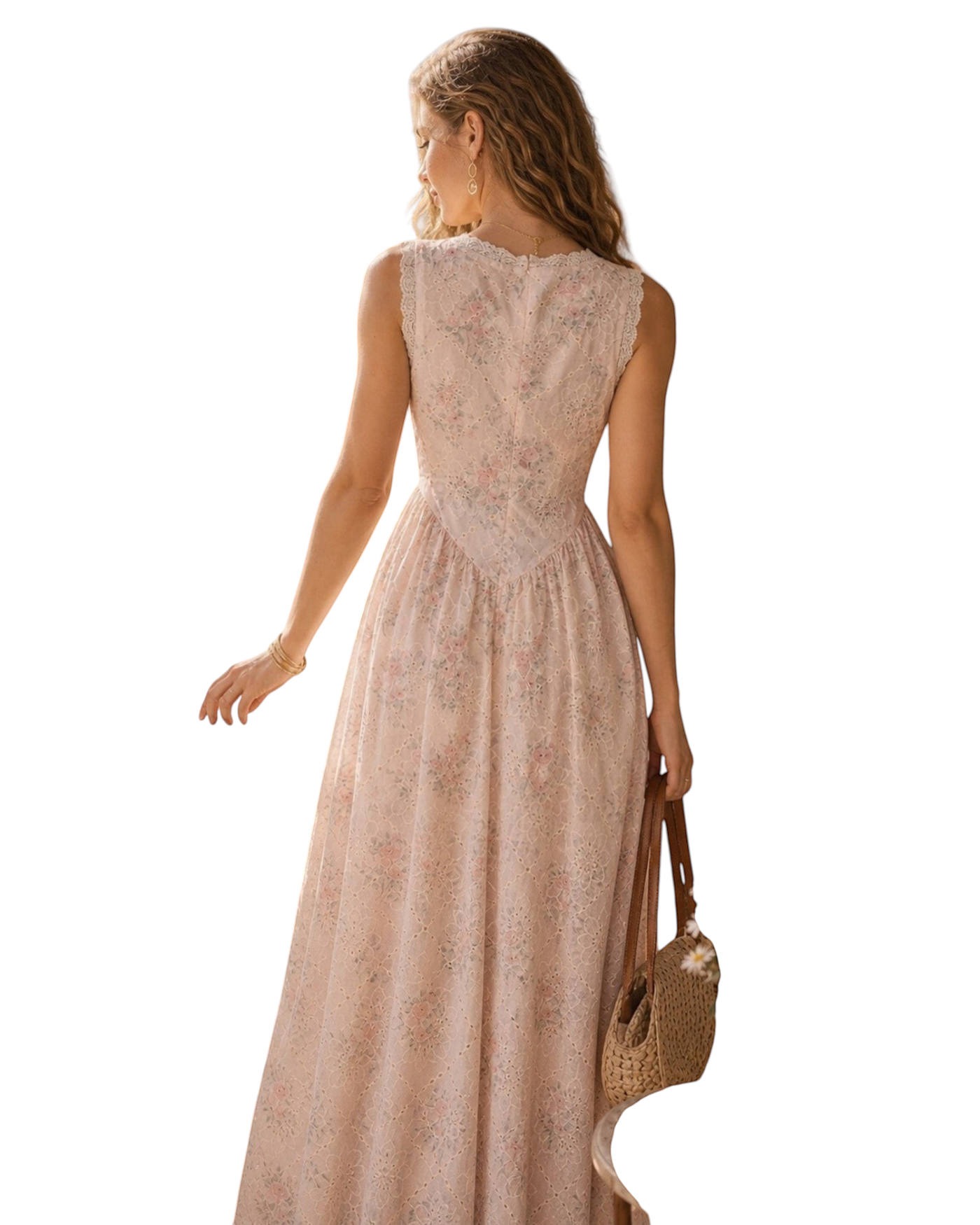 zevrion pink floral lace maxi dress with V-neck and sleeveless design worn by a woman holding a straw bag