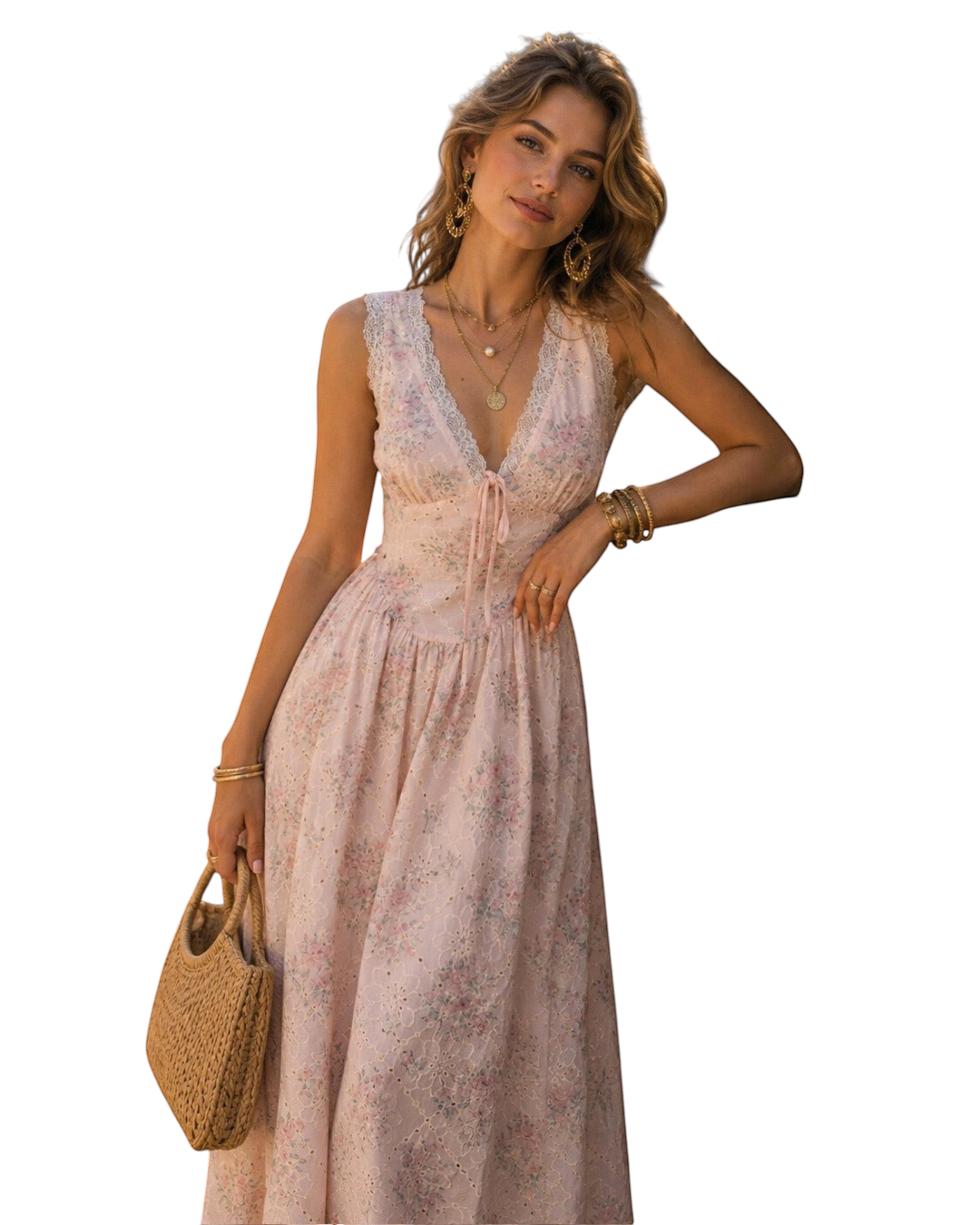 zevrion pink floral lace maxi dress with V-neck and sleeveless design worn by a woman with a straw handbag