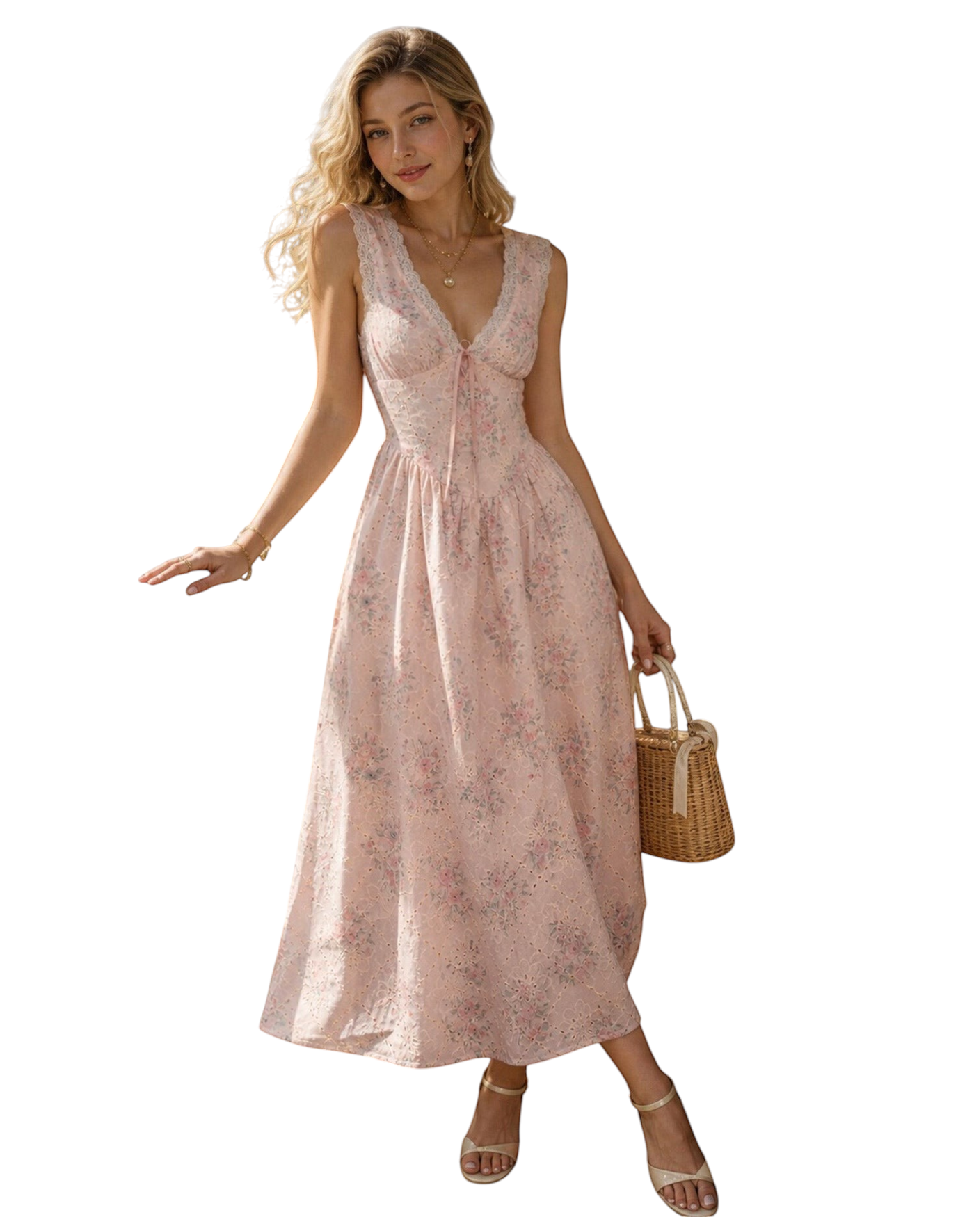 Vestido maxi Zevrion de encaje floral rosa con escote en V y sin mangas