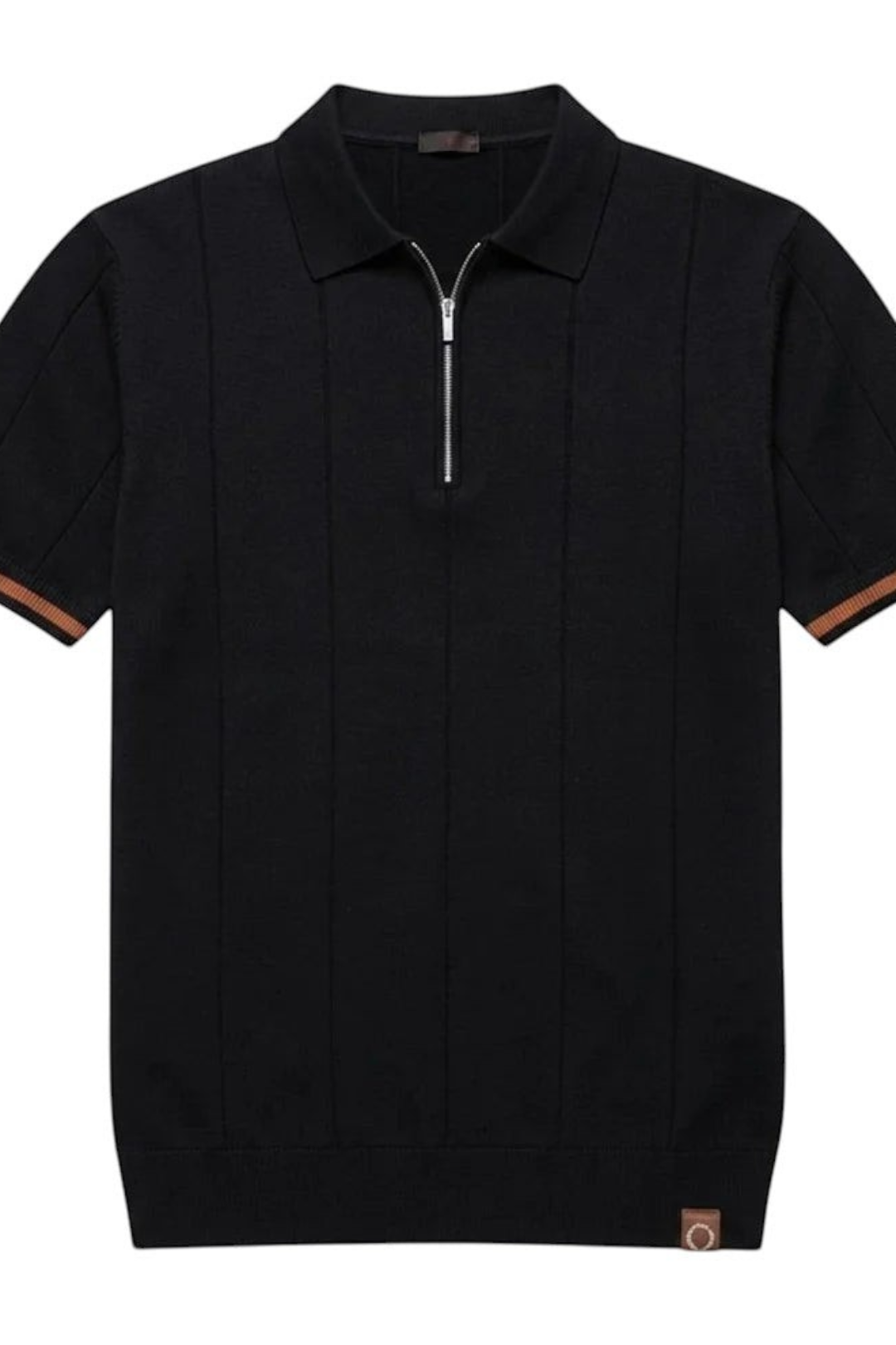Zevrion Polo Eros black premium knit polo shirt with a silver half-zip collar and striped sleeve cuffs