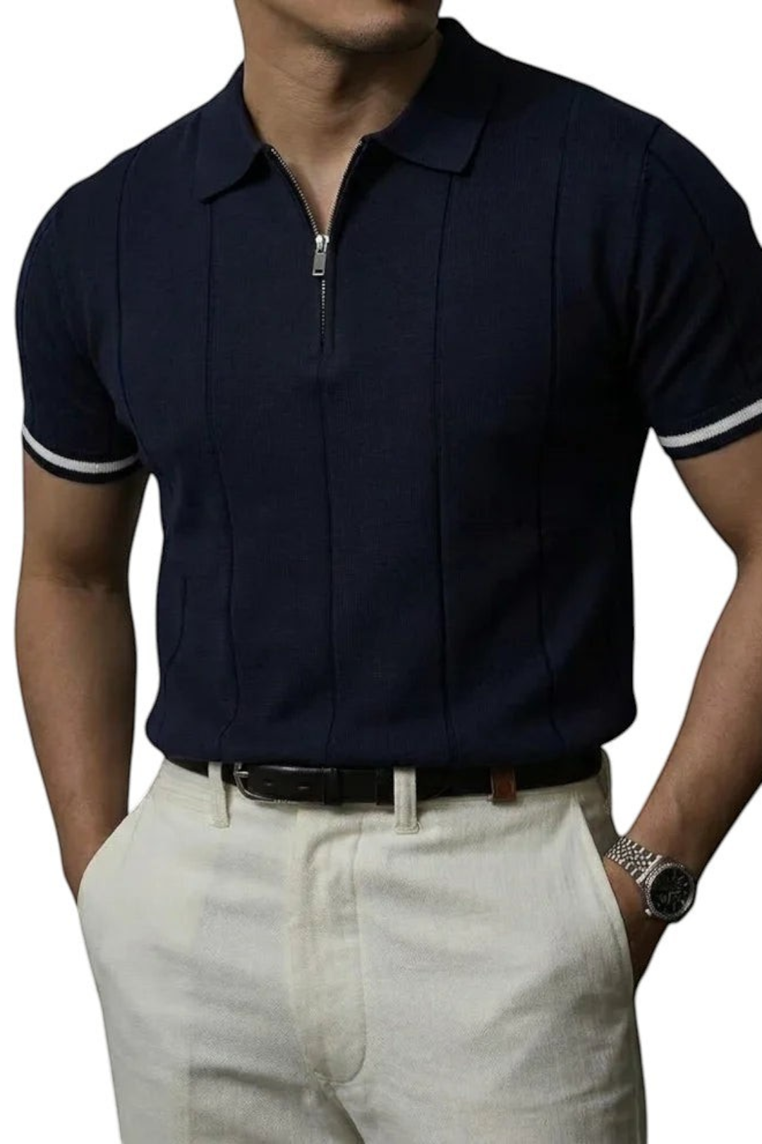 Zevrion Polo Eros navy blue premium knit polo shirt with half-zip closure and white striped sleeve cuffs on a man