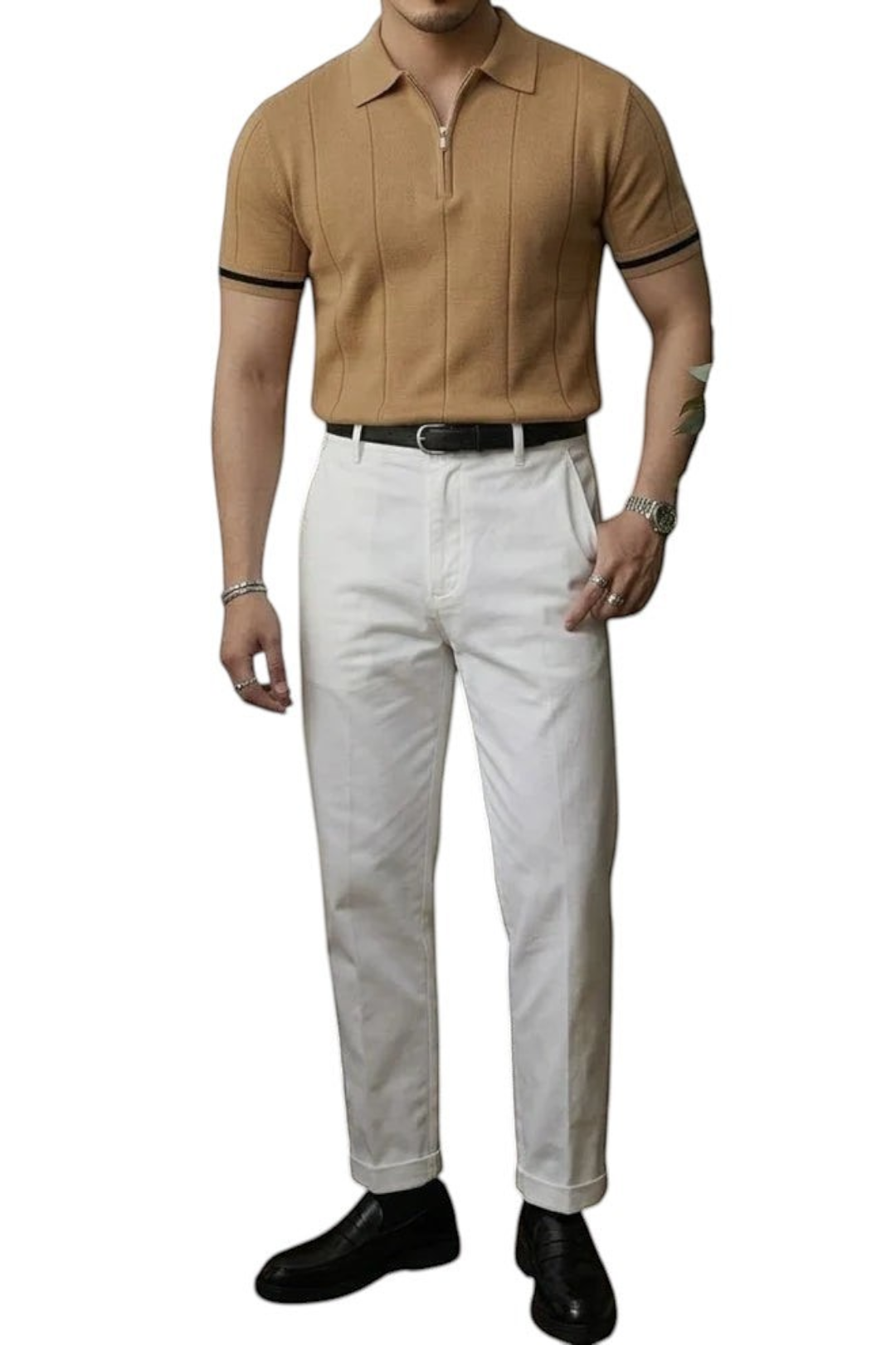Zevrion Polo Eros premium tan knit polo shirt with half-zip collar and short sleeves worn with white trousers