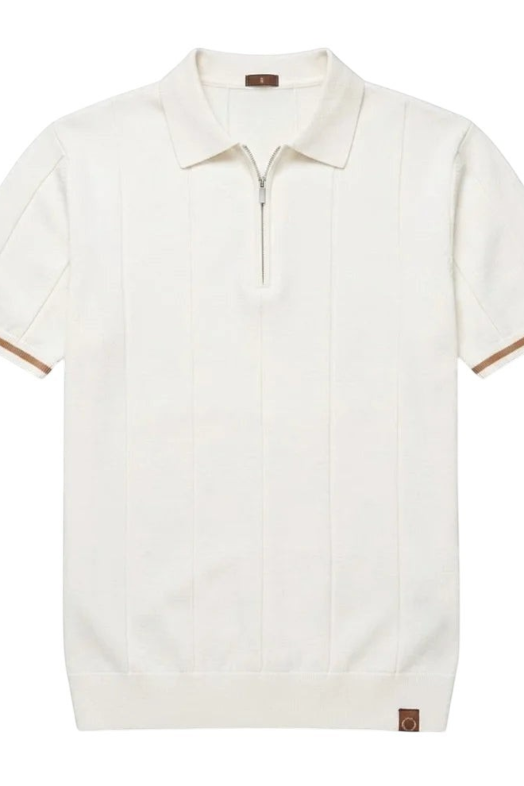 Zevrion Polo Eros premium white knit polo shirt with a half-zip collar and subtle brown trim on short sleeves.