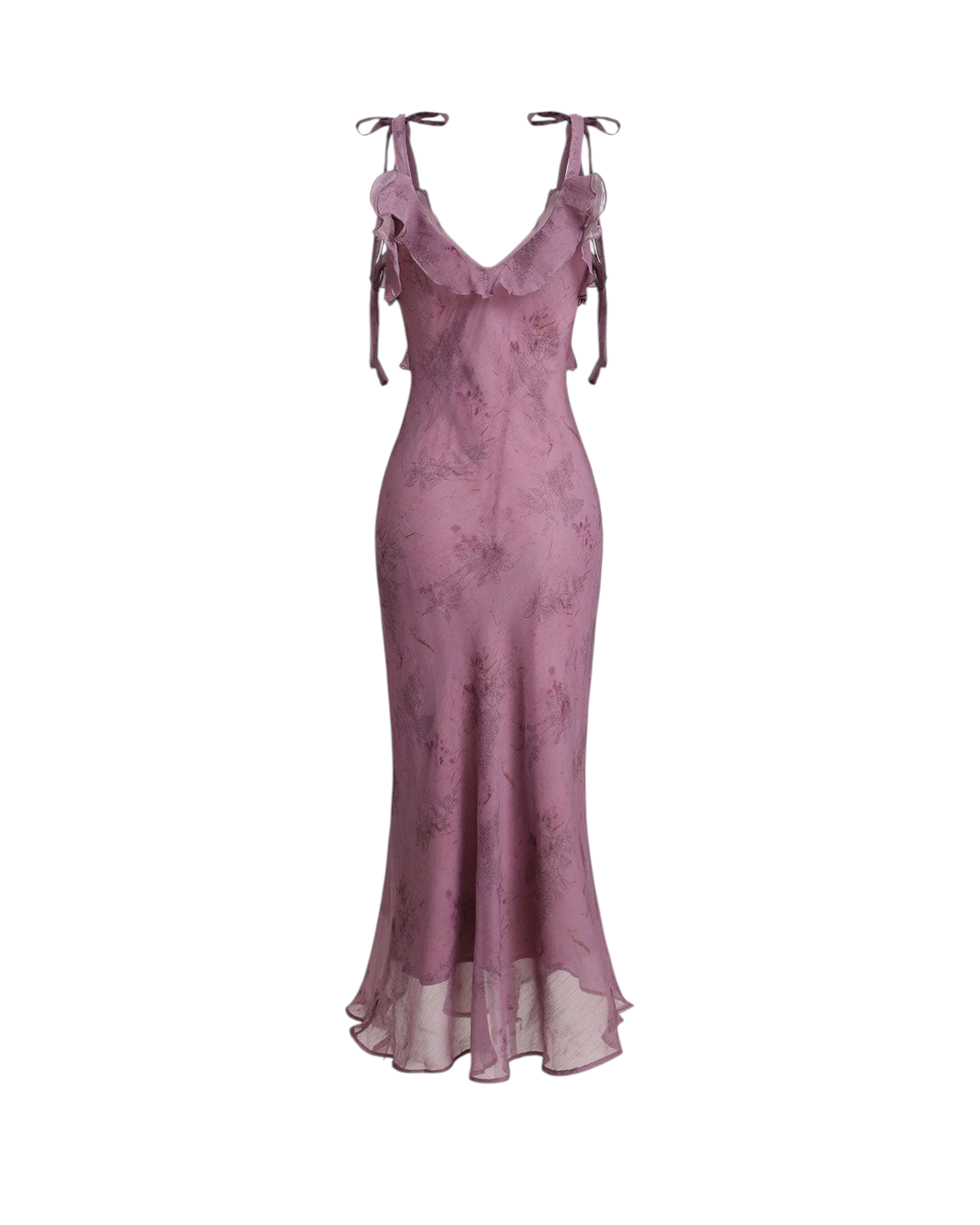 zevrion purple floral midi dress with thin adjustable straps and ruffled neckline details, back view