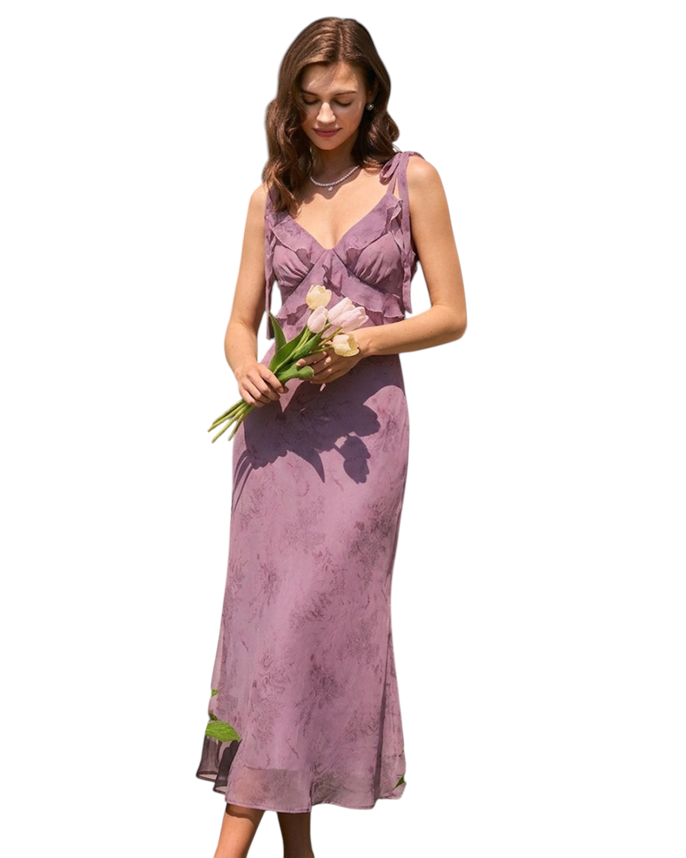 Vestido midi Zevrion floral morado con tirantes finos y detalles de volantes