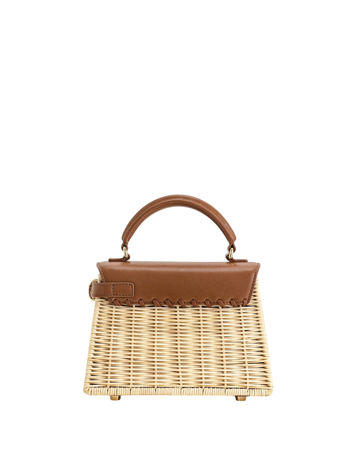 zevrion Elise handbag made of hand-woven natural rattan with brown leather flap and gold hardware