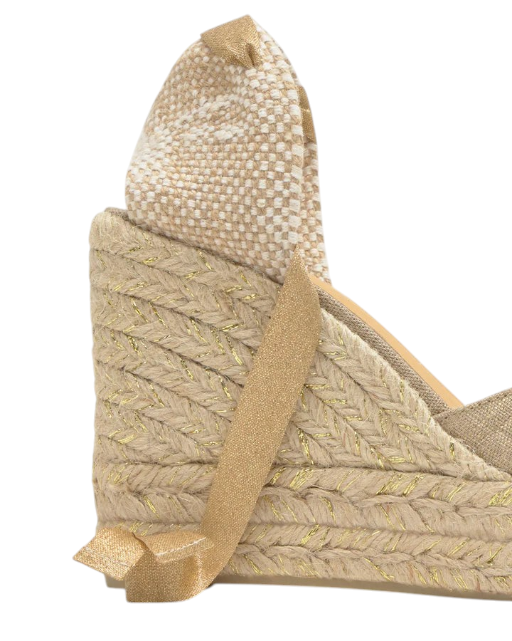 zevrion wedge platform sandal with beige woven texture and metallic gold thread detail for a sophisticated summer look