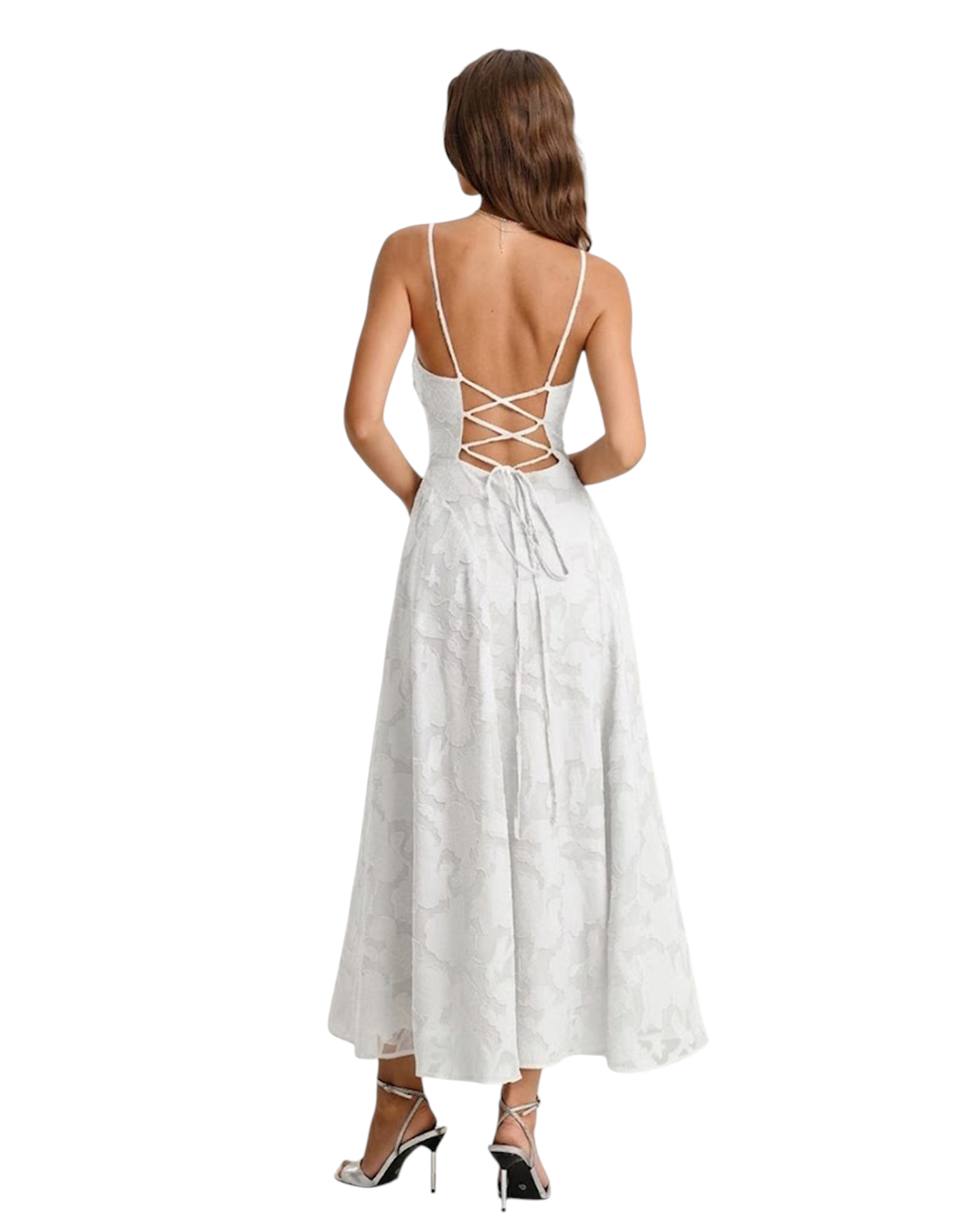 zevrion white jacquard maxi slip dress with a lace-up cross-back design, perfect for formal occasions.