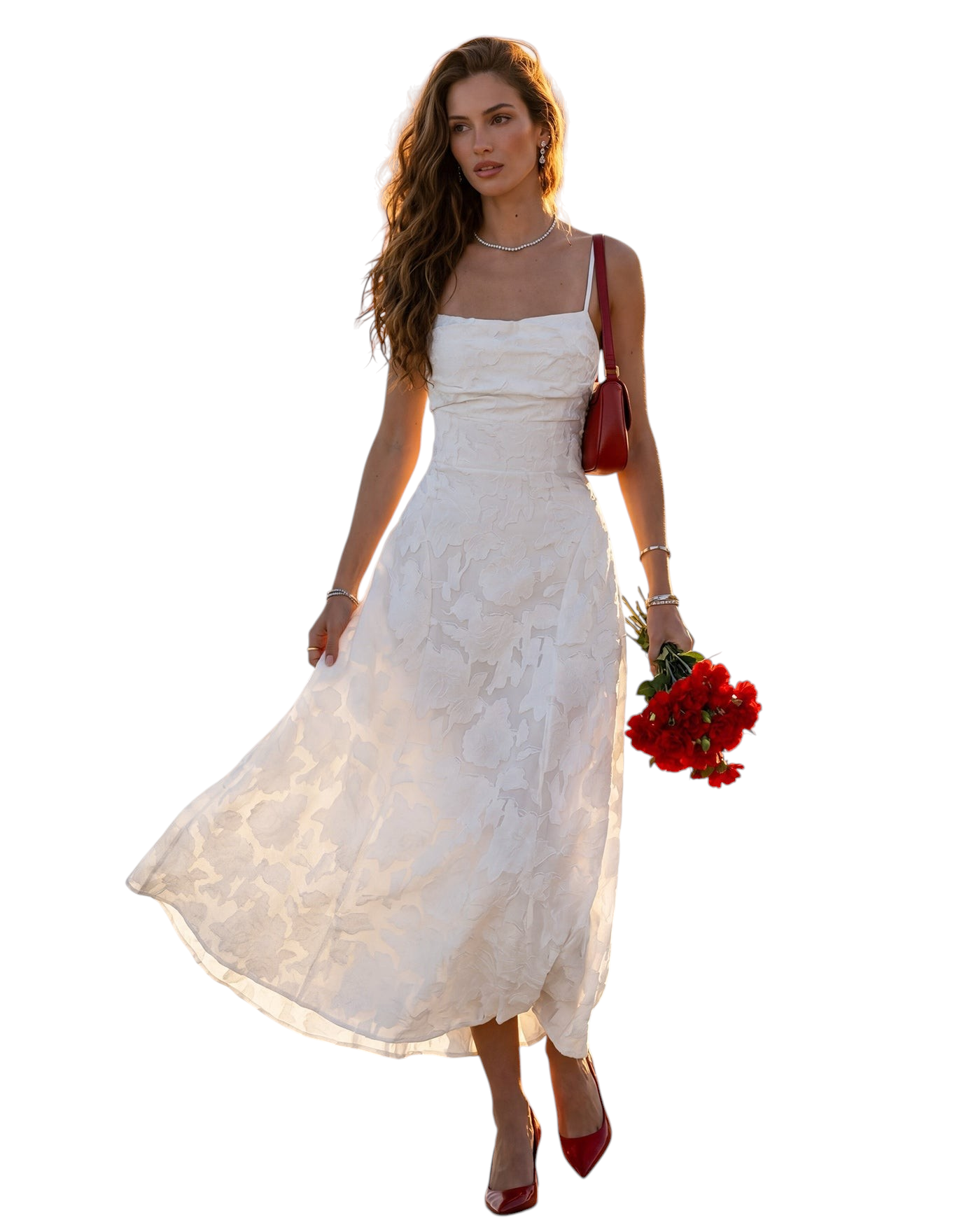Model wearing a white zevrion jacquard maxi slip dress with a cross-back design, perfect for formal occasions.