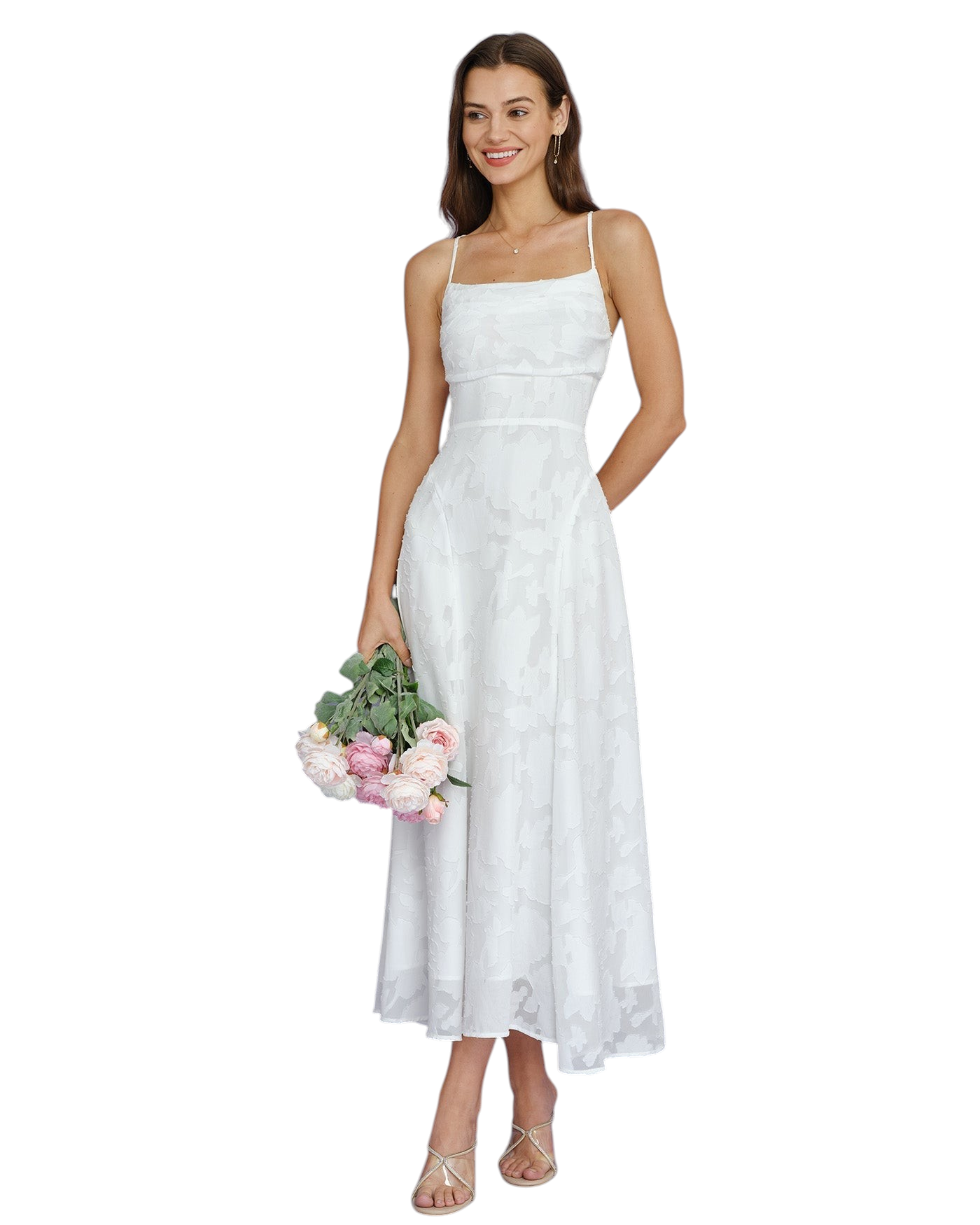 Model wearing a white zevrion jacquard maxi slip dress with a cross-back design, perfect for formal occasions.