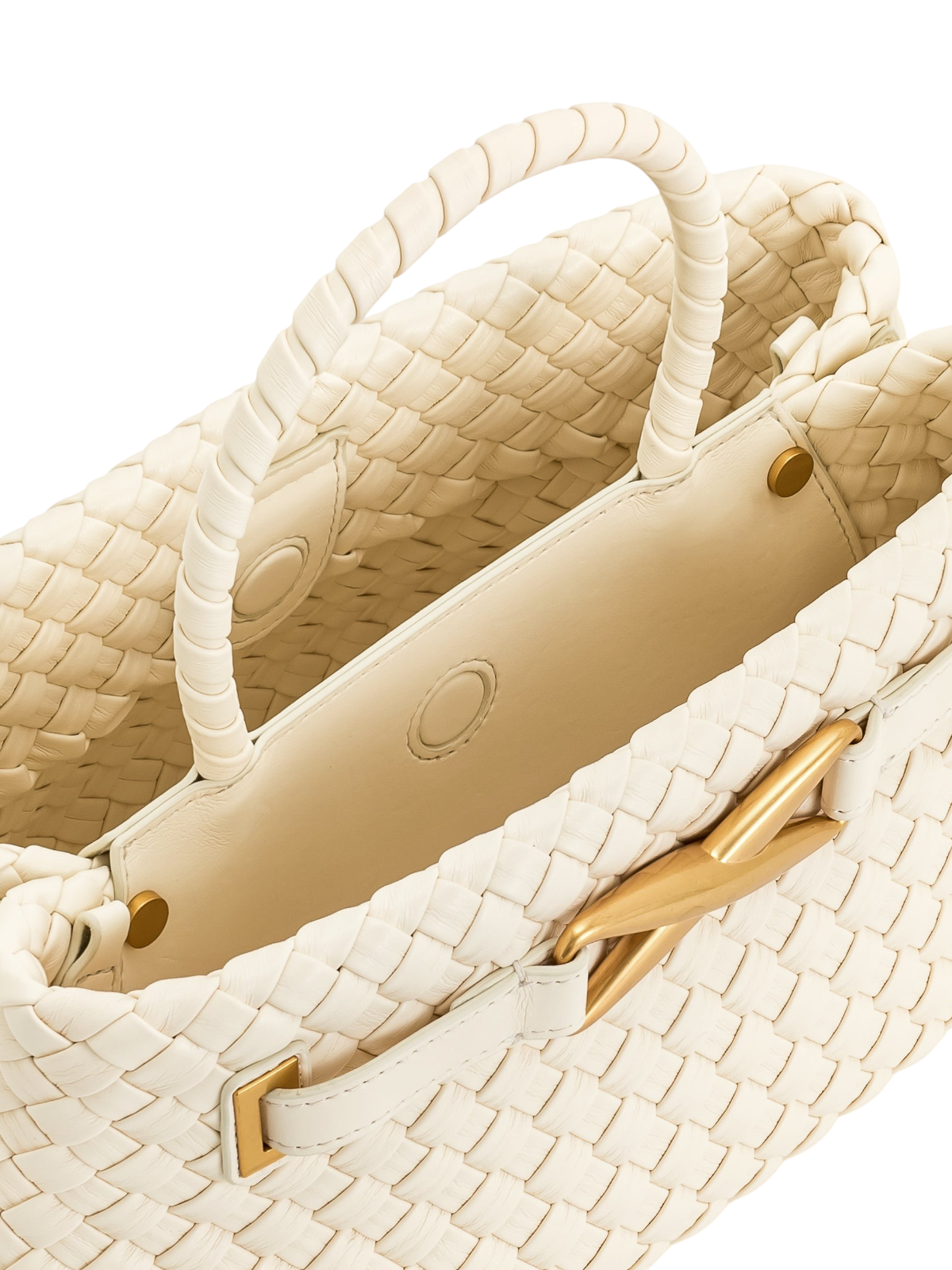 zevrion Elora white woven vegan leather tote bag with gold hardware and braided top handles