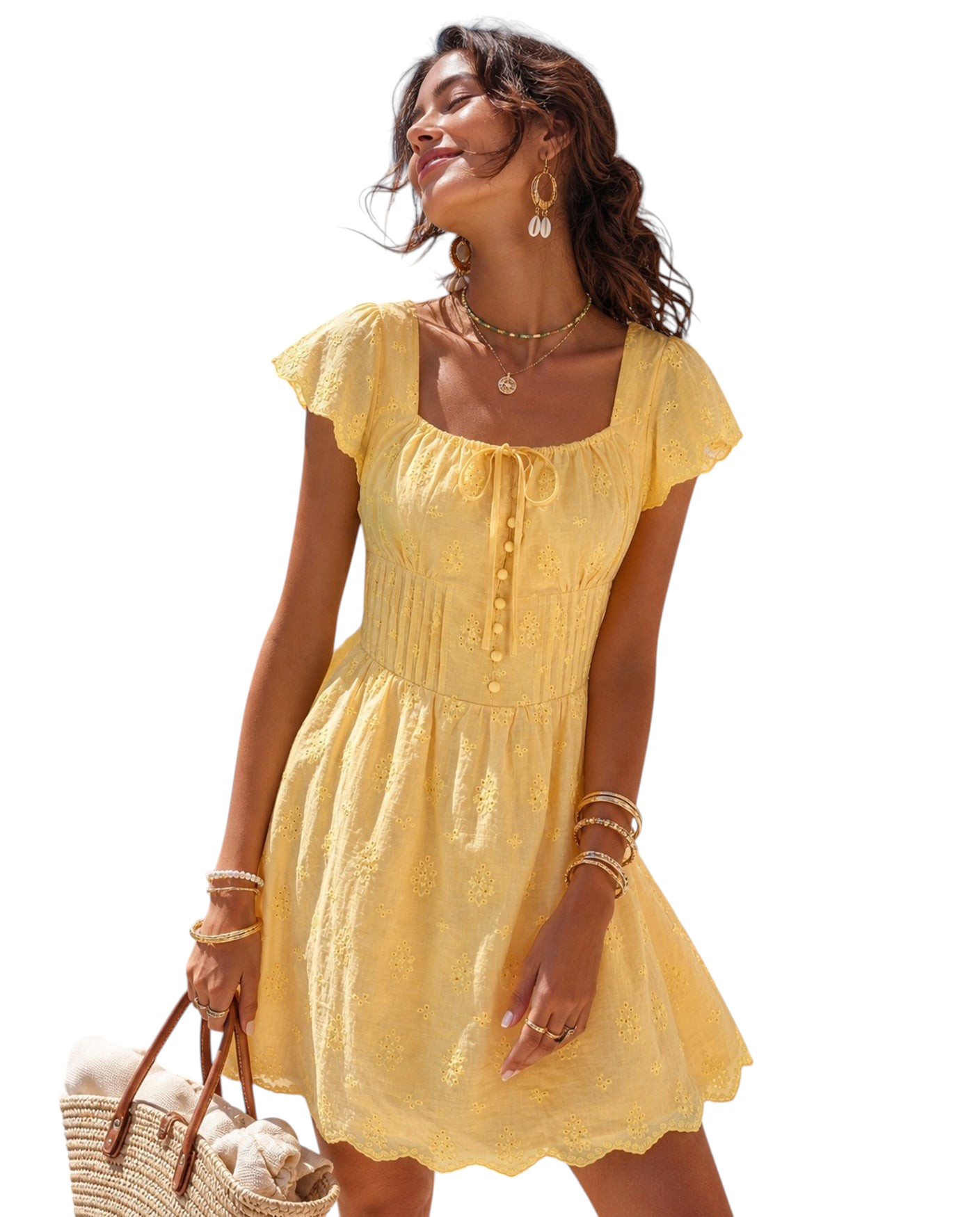 zevrion yellow mini dress with square neckline, short flutter sleeves, and delicate floral embroidery in cotton