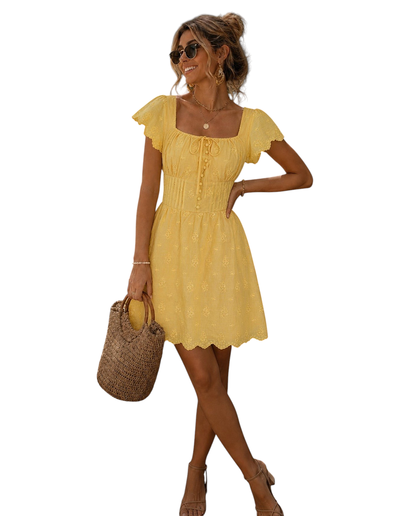 zevrion yellow cotton mini dress with square neckline, short sleeves, and decorative bow detail on a smiling woman.