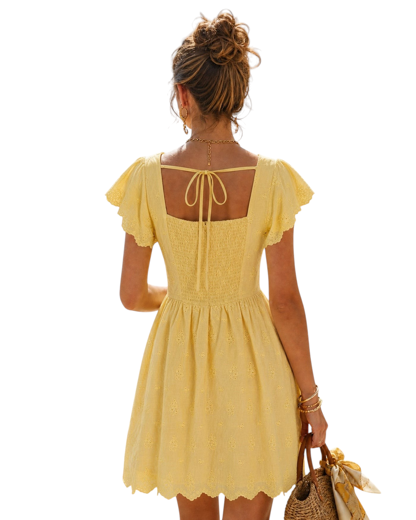 zevrion yellow cotton mini dress with square neck, open back, and decorative bow detail for spring and summer