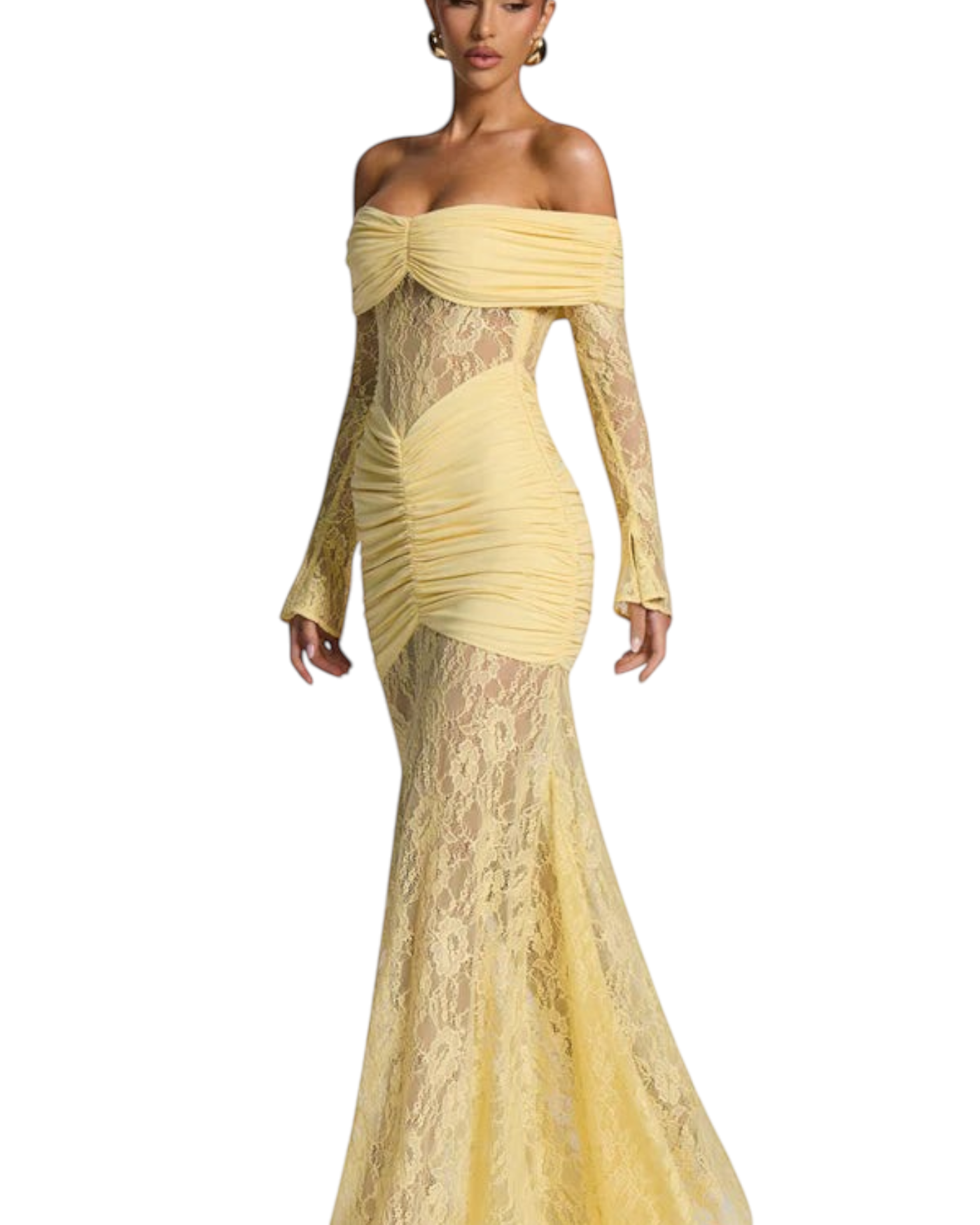 Zevrion yellow off-the-shoulder maxi dress featuring intricate lace detailing and a form-fitting ruched bodice