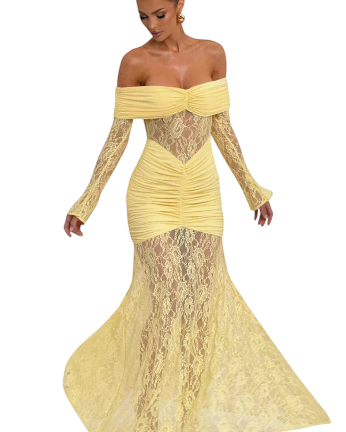 Zevrion yellow off-the-shoulder maxi dress featuring intricate lace detailing and a form-fitting ruched bodice.